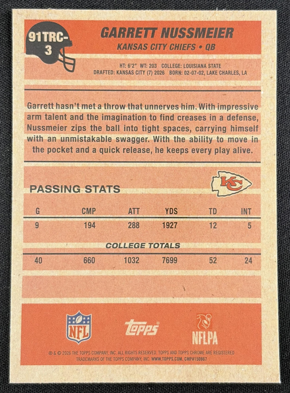 Garrett Nussmeier 2026 Topps 1991 Chrome Rookie Mojo Refractor Chiefs back
