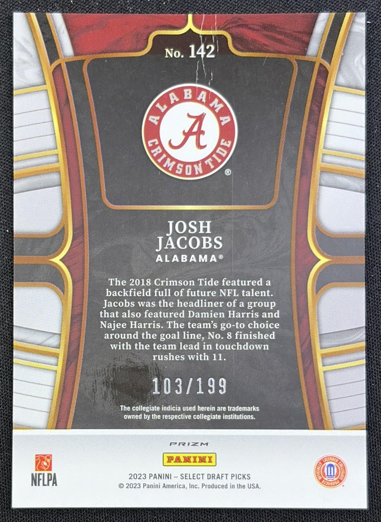 Josh Jacobs 2023 Panini Select Draft Picks Tri Color Prizm /199 Crimson Tide