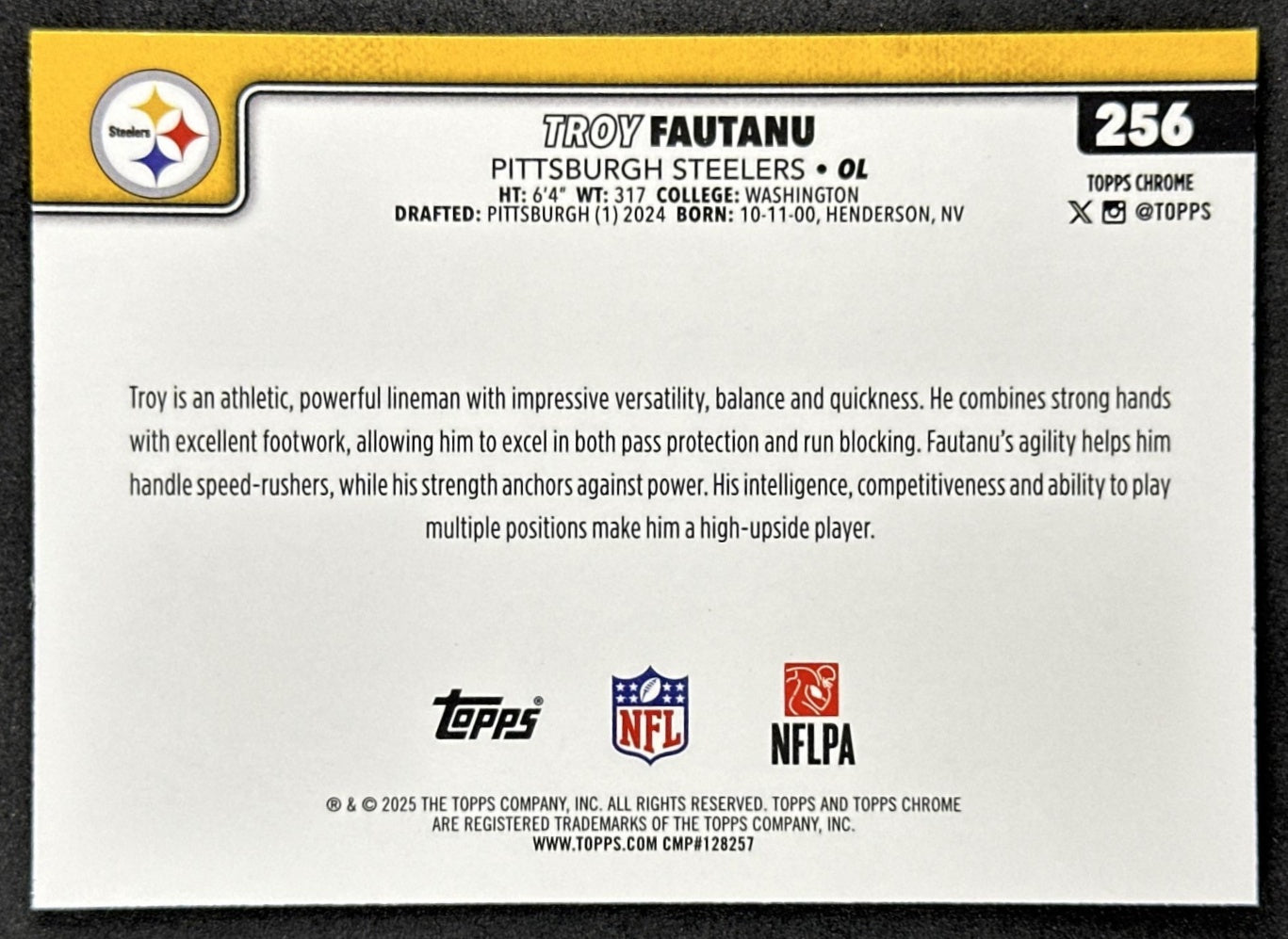 Troy Fautanu 2025 Topps Chrome Sapphire Steelers back