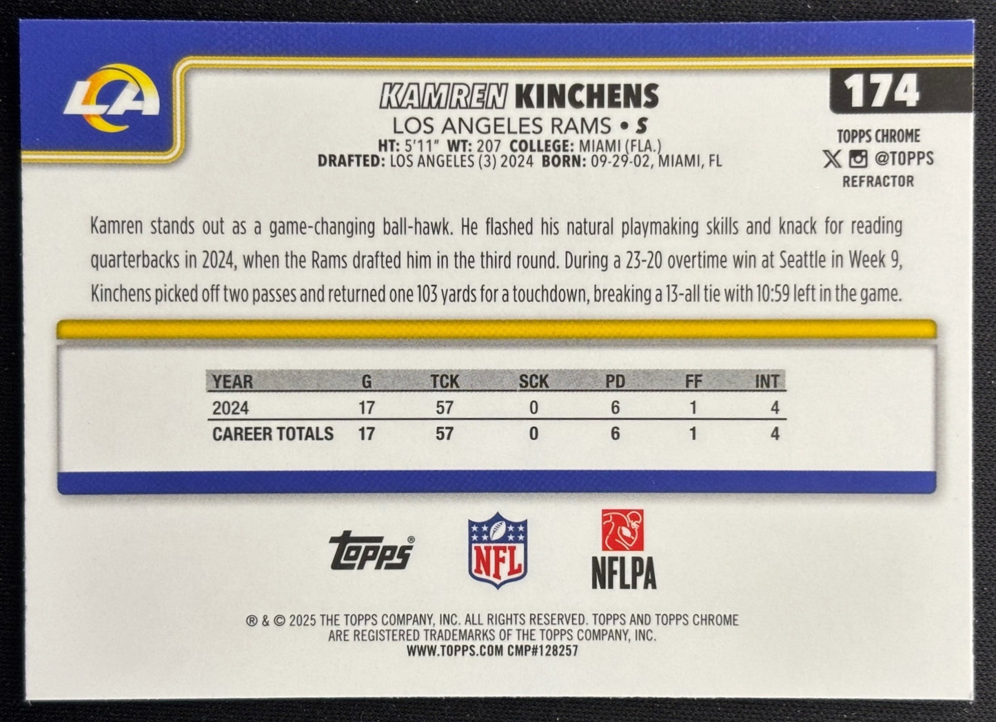 Kamren Kinchens 2025 Topps Chrome Refractor Rams Sports Trading Cards