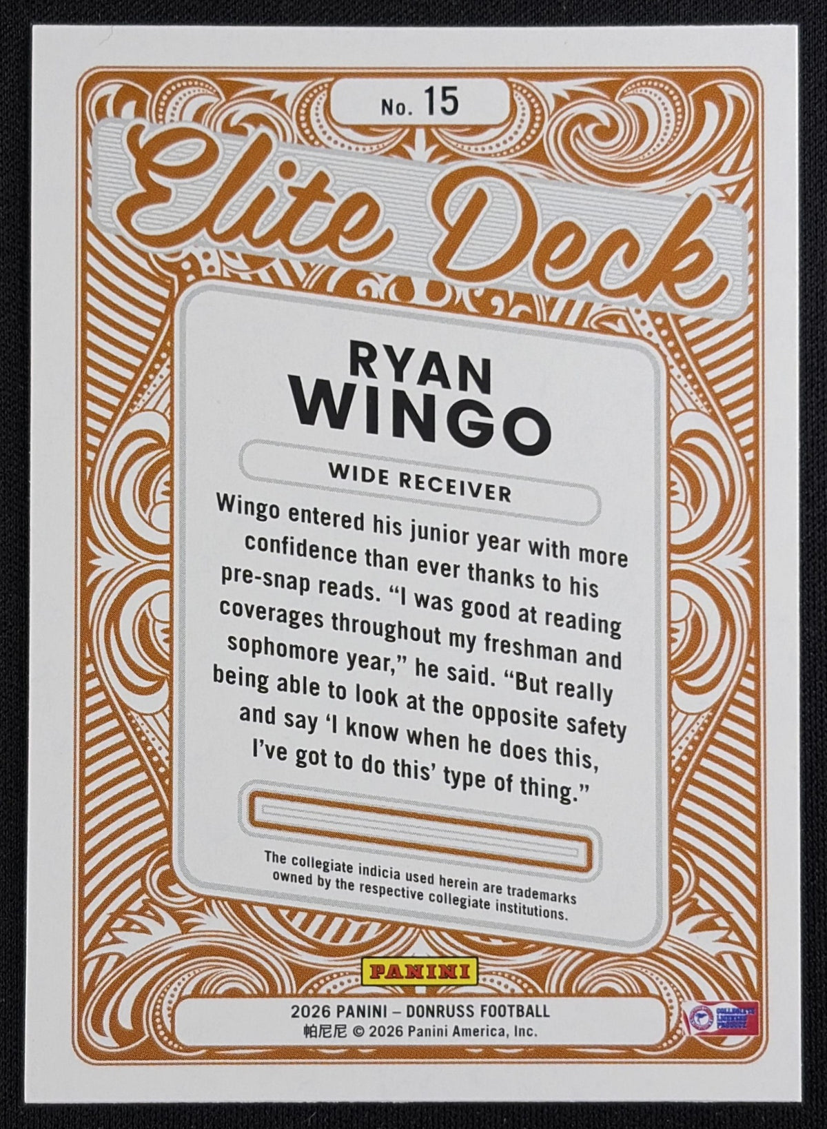 Ryan Wingo 2026 Panini Donruss Elite Deck Longhorns