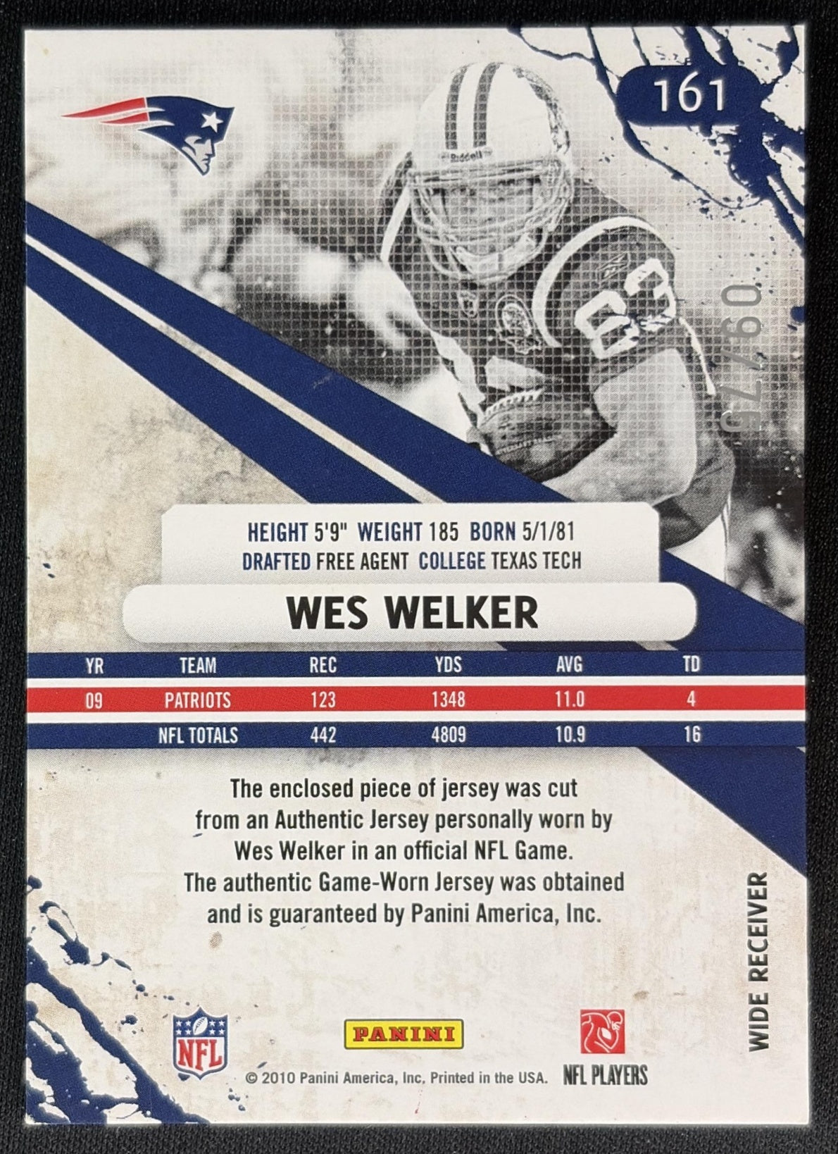 Wes Welker 2010 Panini Rookies & Stars Elements Materials Foil /75 Patriots back