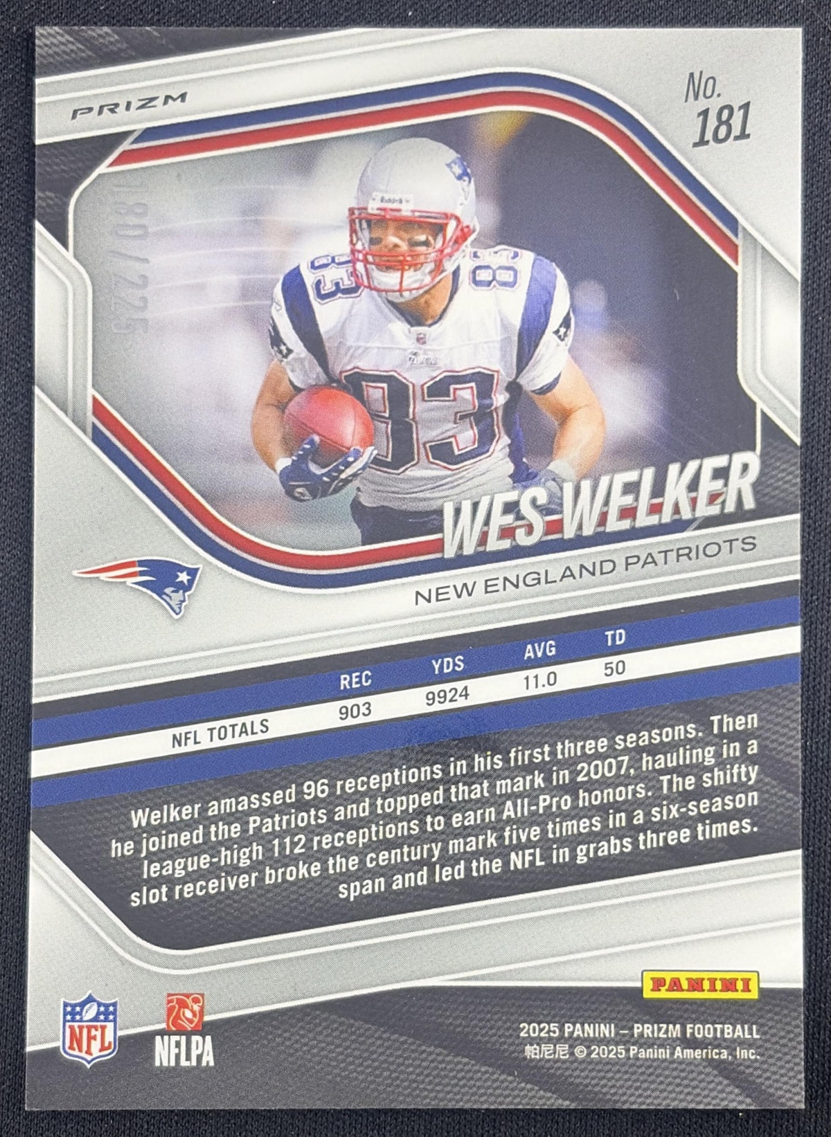 Wes Welker 2025 Panini Prizm Purple Ice /225 Patriots