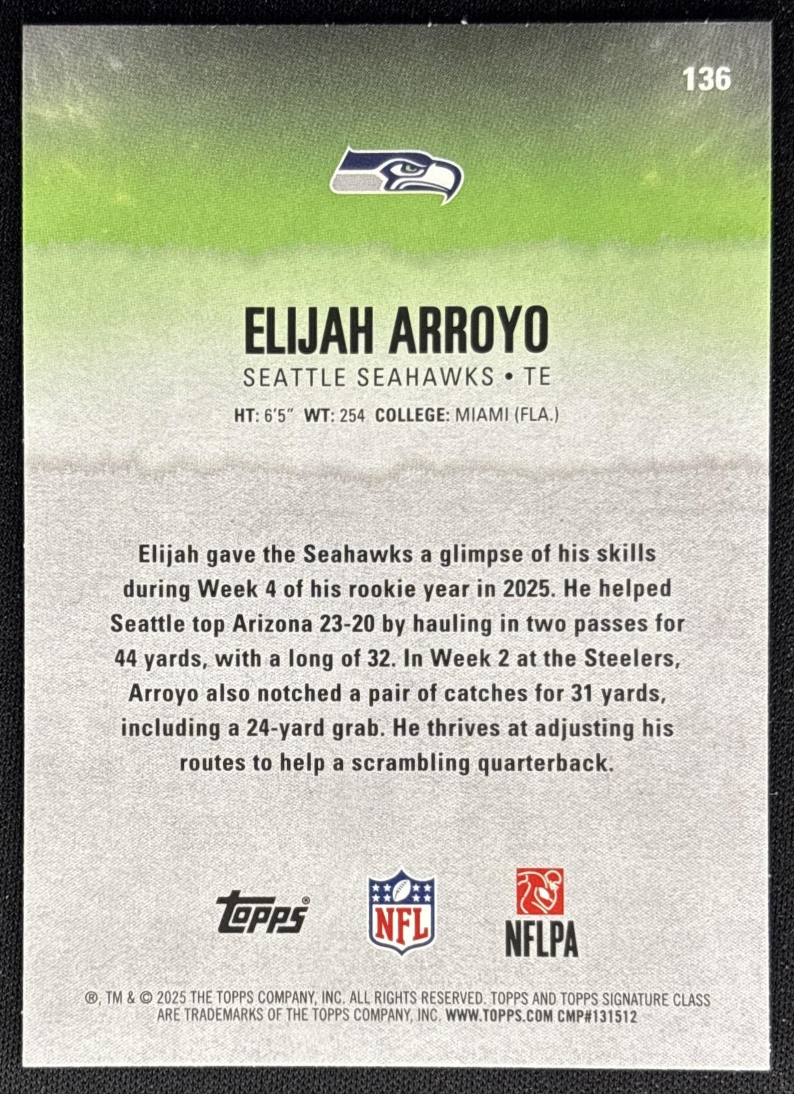 Elijah Arroyo 2025 Topps Signature Class Rookie Seahawks back
