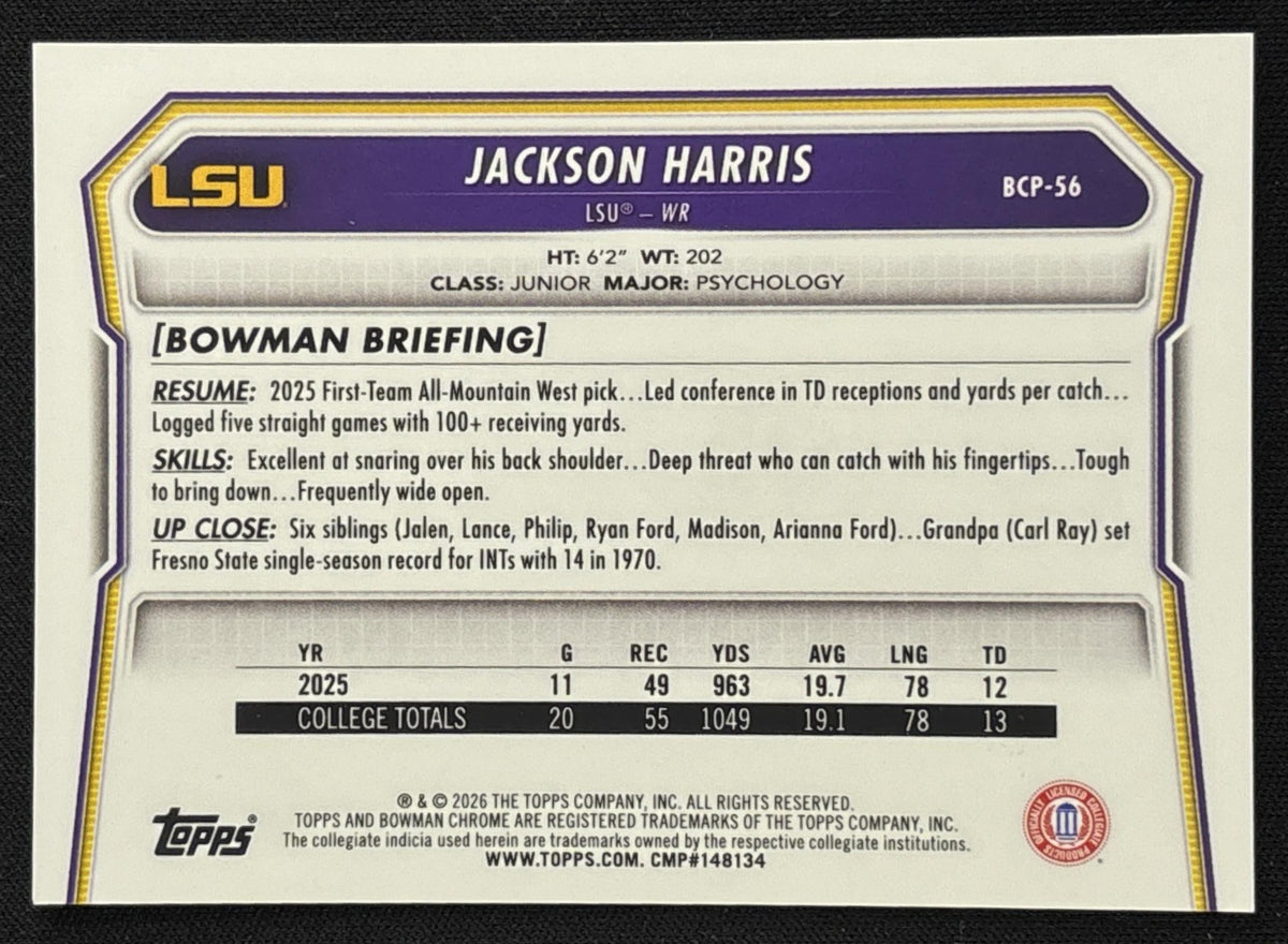 Jackson Harris 2026 Bowman Chrome Prospects Pink Refractor /250 Tigers Sports Trading Card