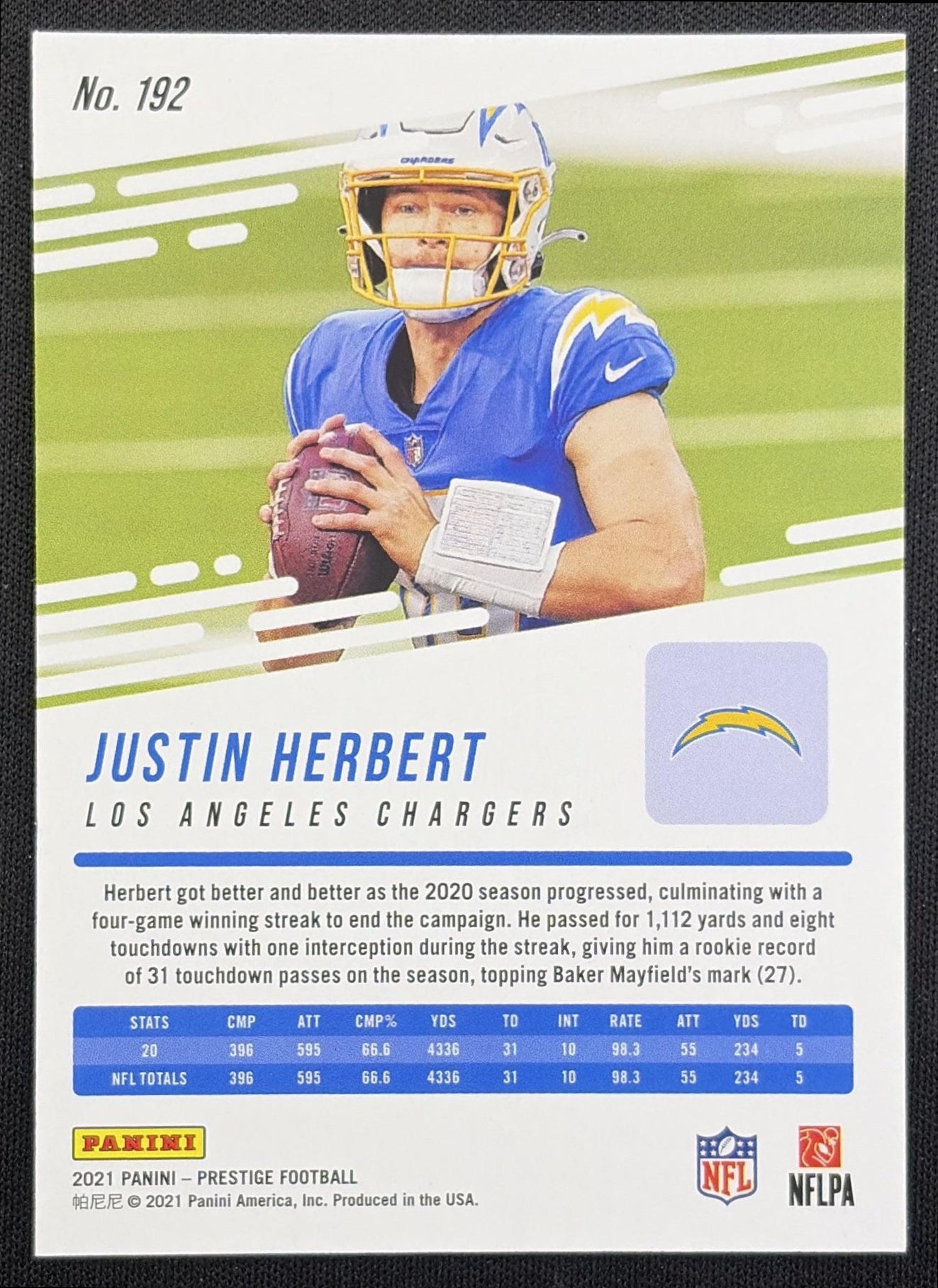 Justin Herbert 2021 Panini Prestige Xtra Points Green /199 Chargers Los Angeles Chargers back