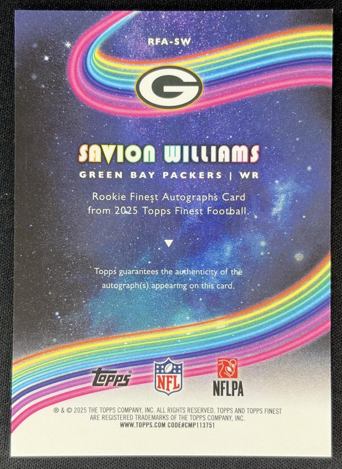 Savion Williams 2025 Topps Finest Rookie Auto Blue Refractor /99 Packers back