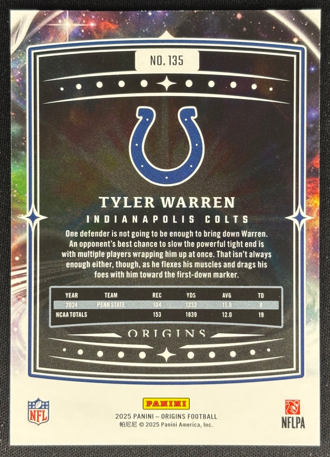 Tyler Warren 2025 Origins Rookie Colts Sports Trading Card
