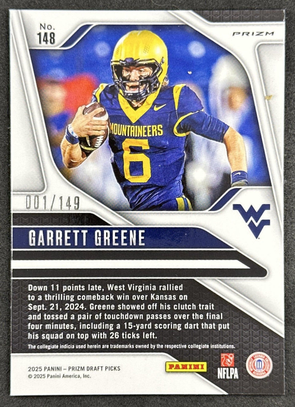 Garrett Greene 2025 Panini Prizm Draft Picks Blue Ice /149 Mountaineers back