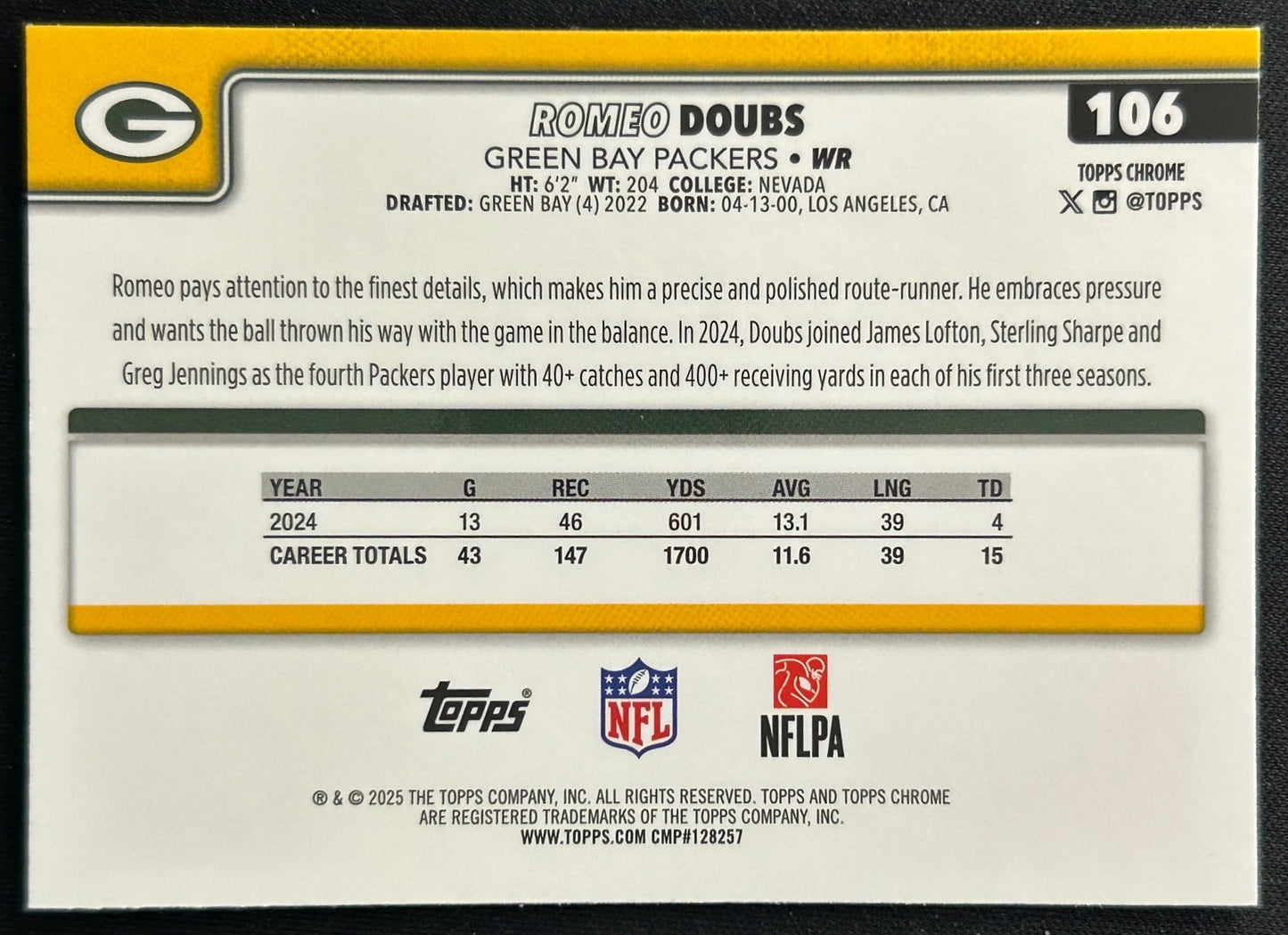 Romeo Doubs 2025 Topps Chrome Packers Sports Trading Cards