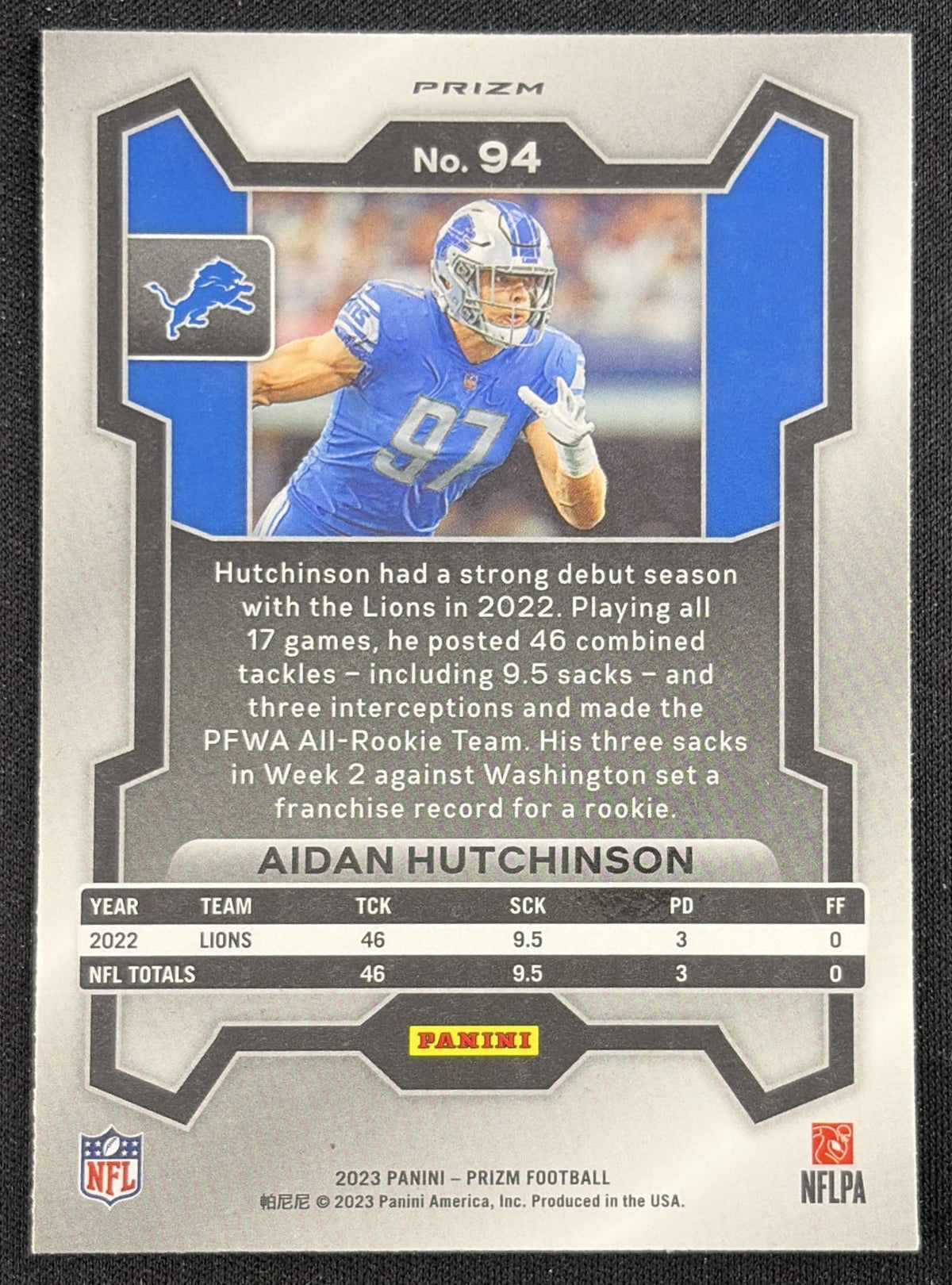 Aidan Hutchinson 2023 Panini Prizm Purple Pulsar Lions Sports Trading Card