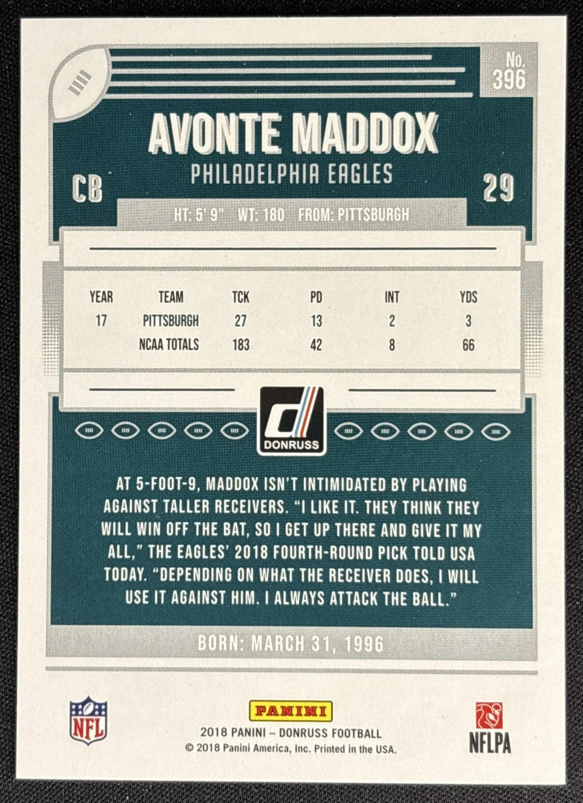 Avonte Maddox 2018 Panini Donruss Eagles Sports Trading Card