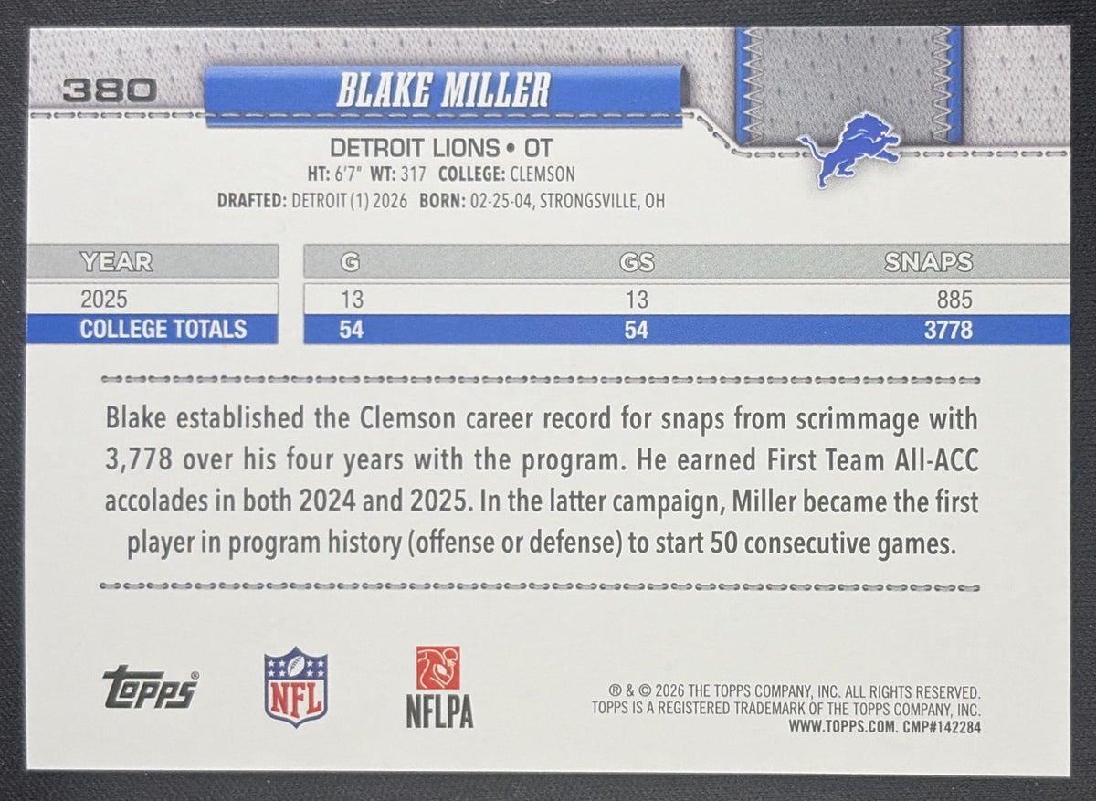 Blake Miller 2026 Topps Diamante Foil Lions Sports Trading Card