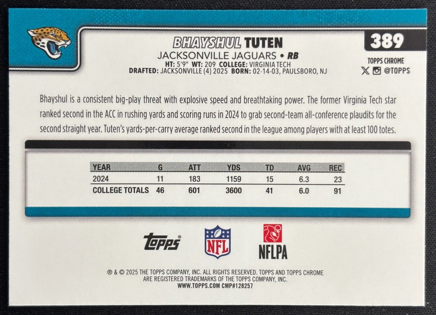 Bhayshul Tuten 2025 Topps Chrome Rookie Jaguars Sports Trading Cards