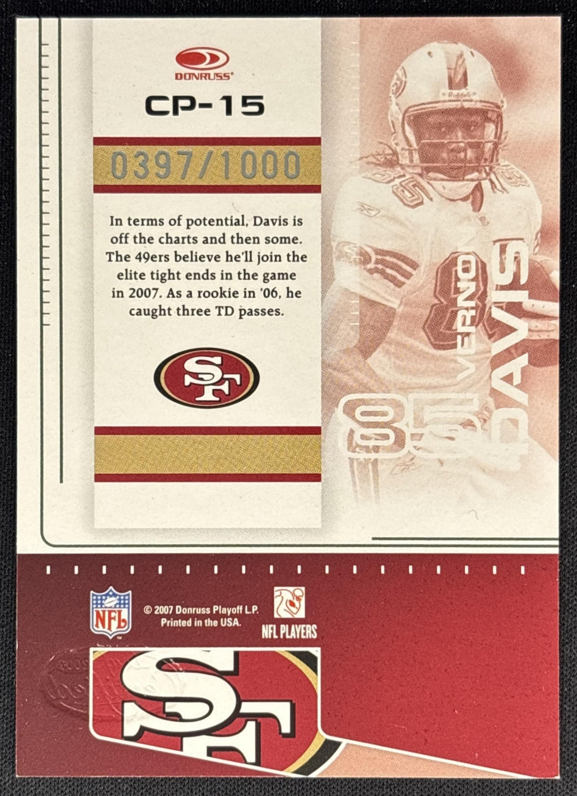 Vernon Davis 2007 Leaf Certified Materials Potential Mirror /1000 49ers back