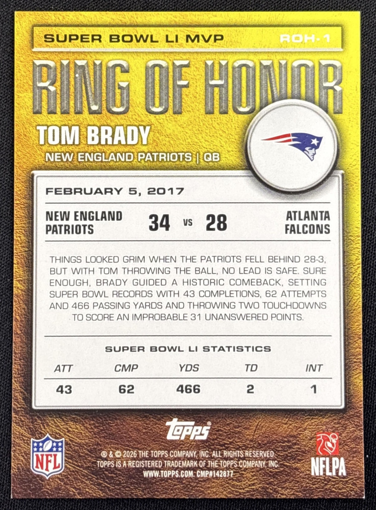 Tom Brady 2026 Topps Ring of Honor Patriots New England Patriots