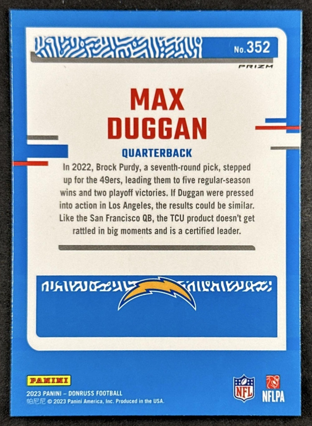 Max Duggan 2023 Panini Donruss Optic Preview Blue Scope Chargers Back