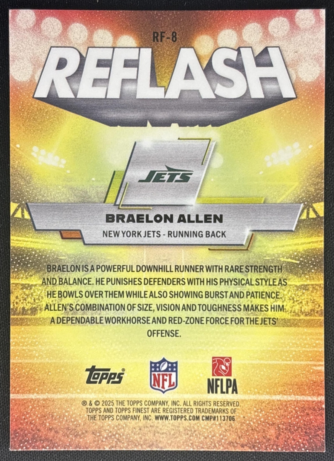 Braelon Allen 2025 Topps Finest Reflash Sky Blue Refractor /150 Jets back