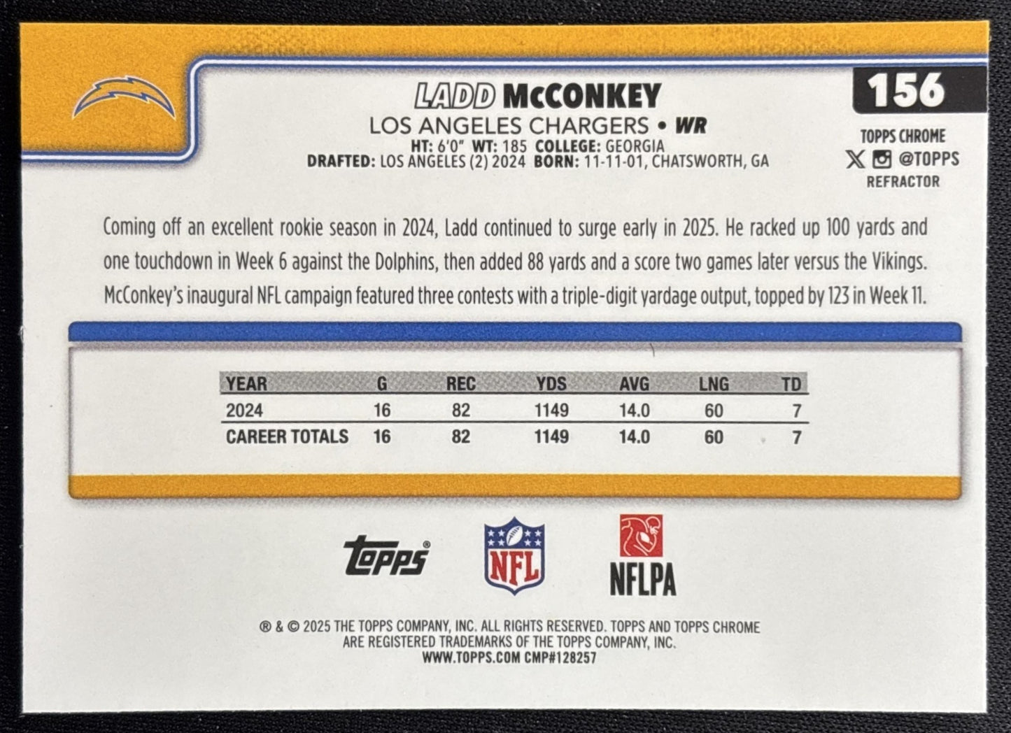 Ladd McConkey 2025 Topps Chrome Refractor Chargers Sports Trading Cards