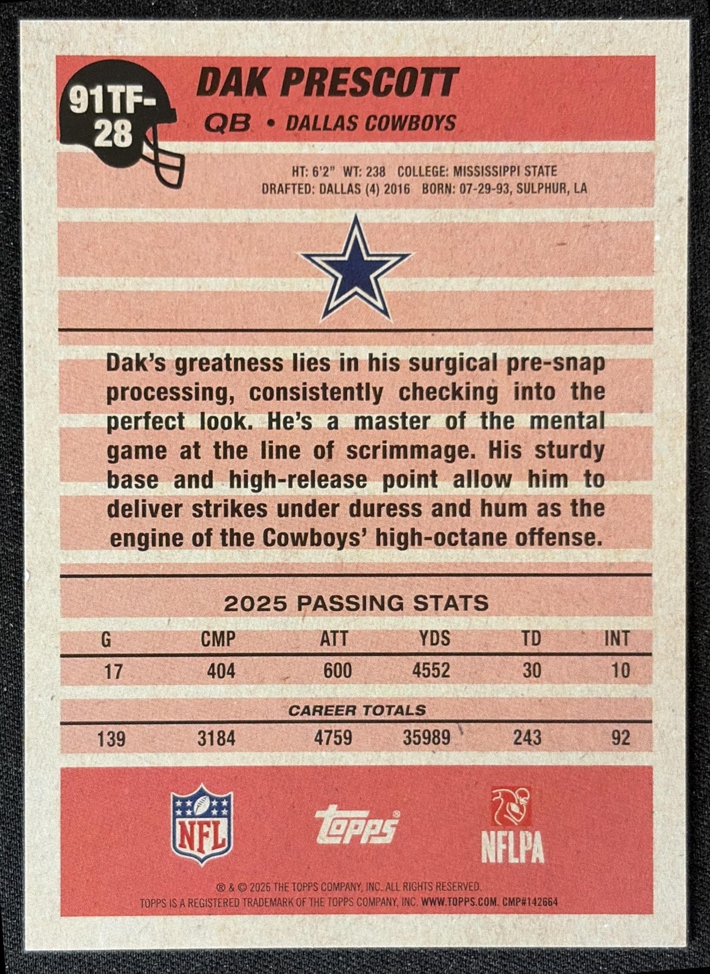 Dak Prescott 2026 Topps 1991 Cowboys back