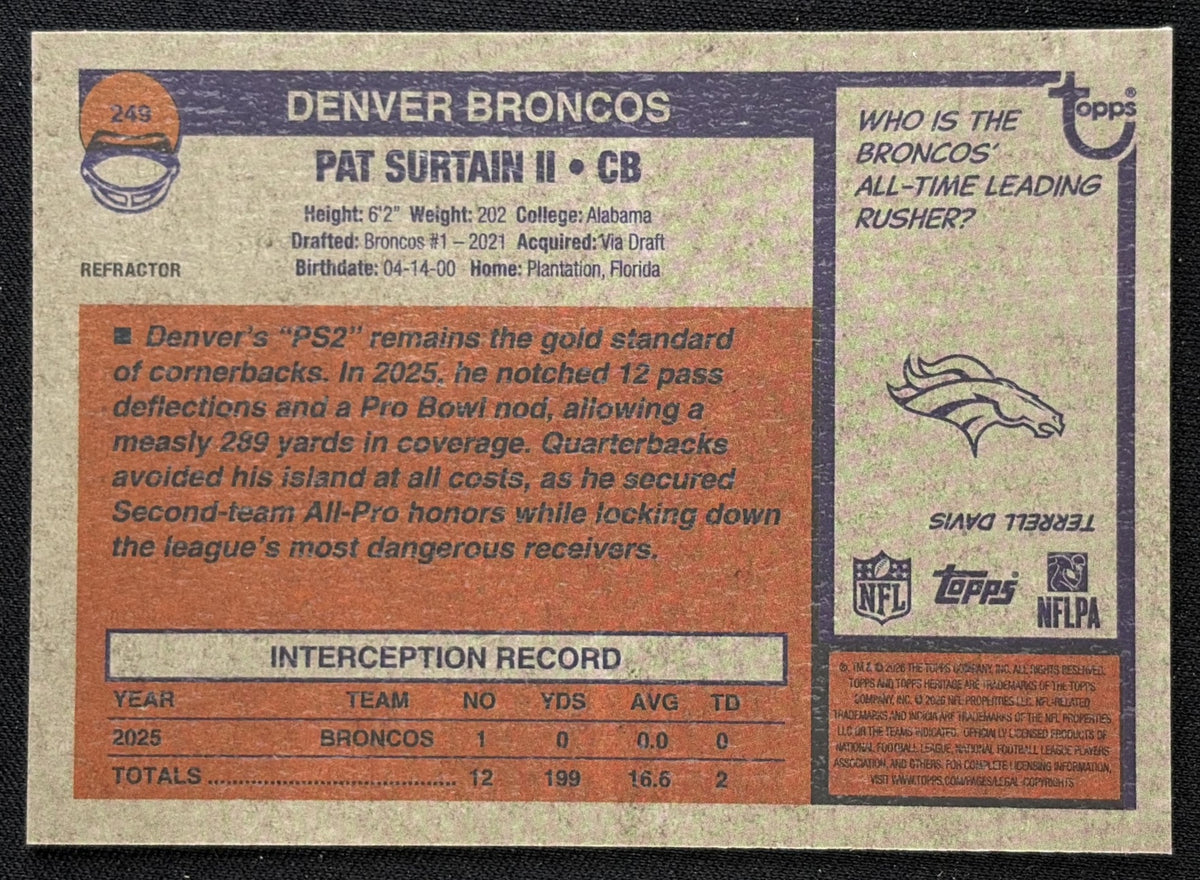 Pat Surtain II 2026 Topps Heritage Chrome Refractor Broncos