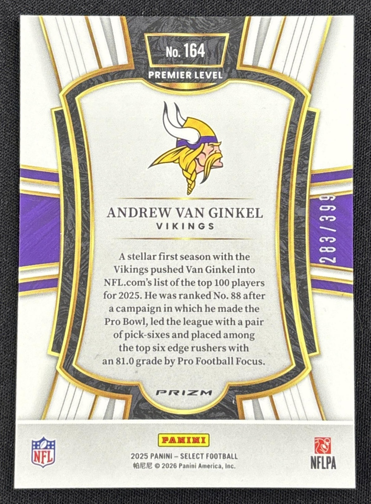 Andrew Van Ginkel 2025 Panini Select Premier Level Orange Prizm Shock /399 Vikings