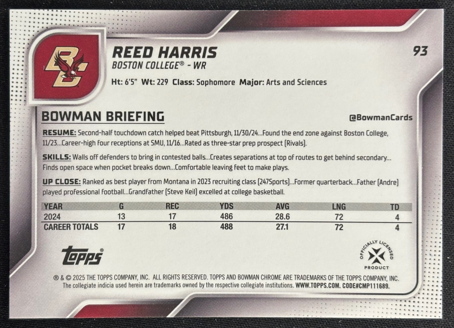 Reed Harris 2025 Chrome University Sapphire Prospect Boston Eagles Sports Trading Card