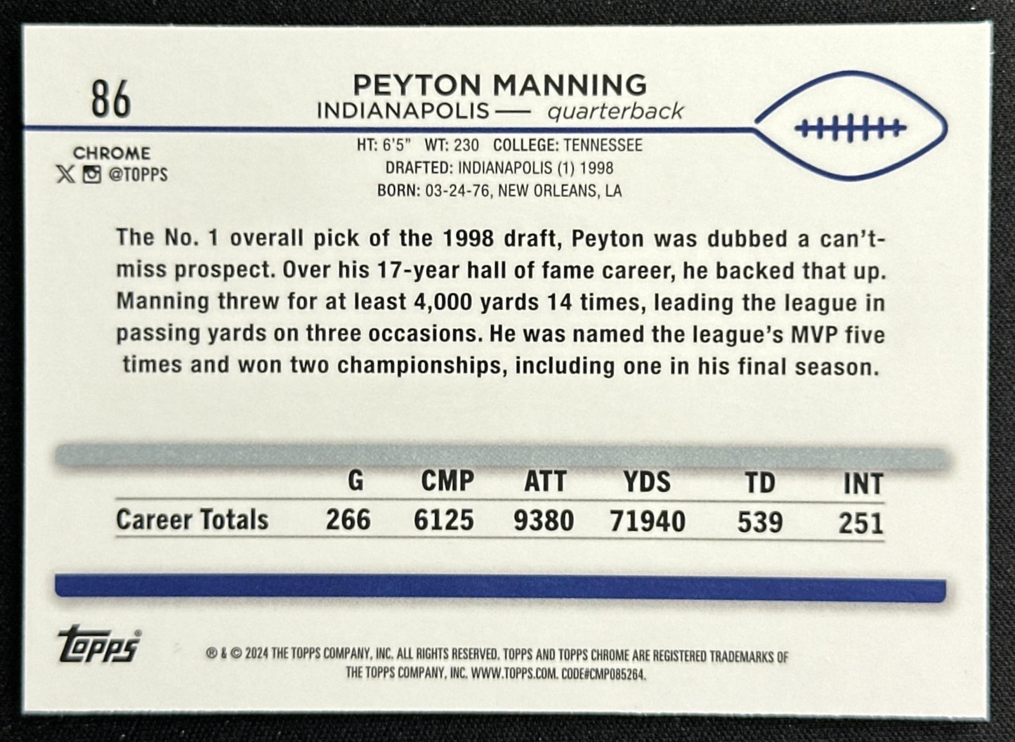 Peyton Manning 2024 Topps Chrome Teal Refractor /250 Colts
