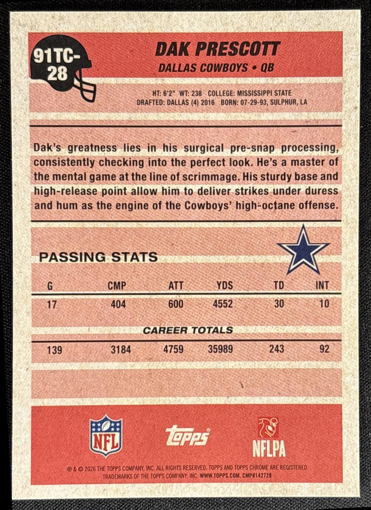 Dak Prescott 2026 Topps 1991 Chrome Mojo Refractor Cowboys
