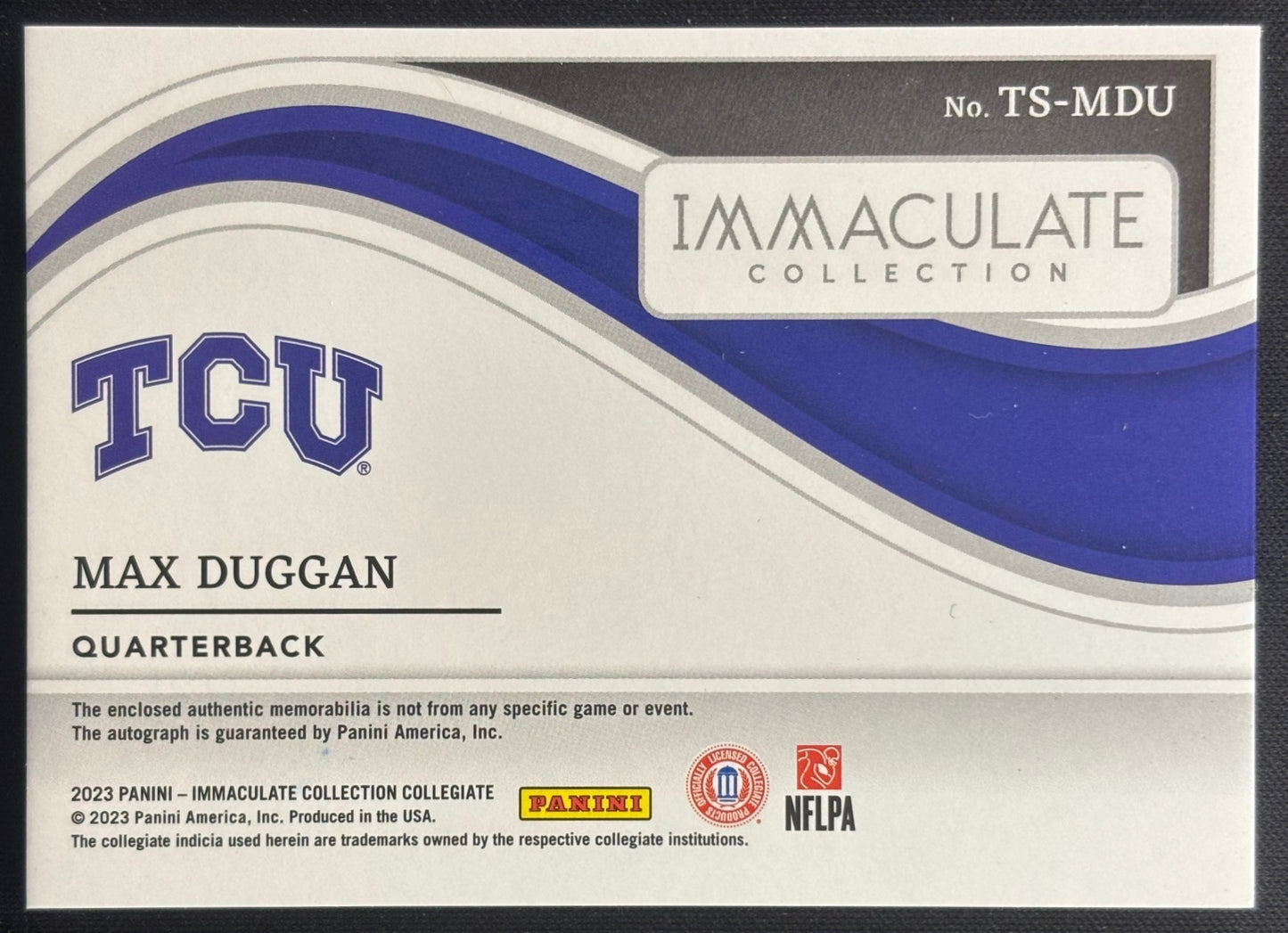 Max Duggan 2023 Immaculate Collection Collegiate Rookie Patch Auto /99 Horned Frogs Chargers Sports Trading Cards