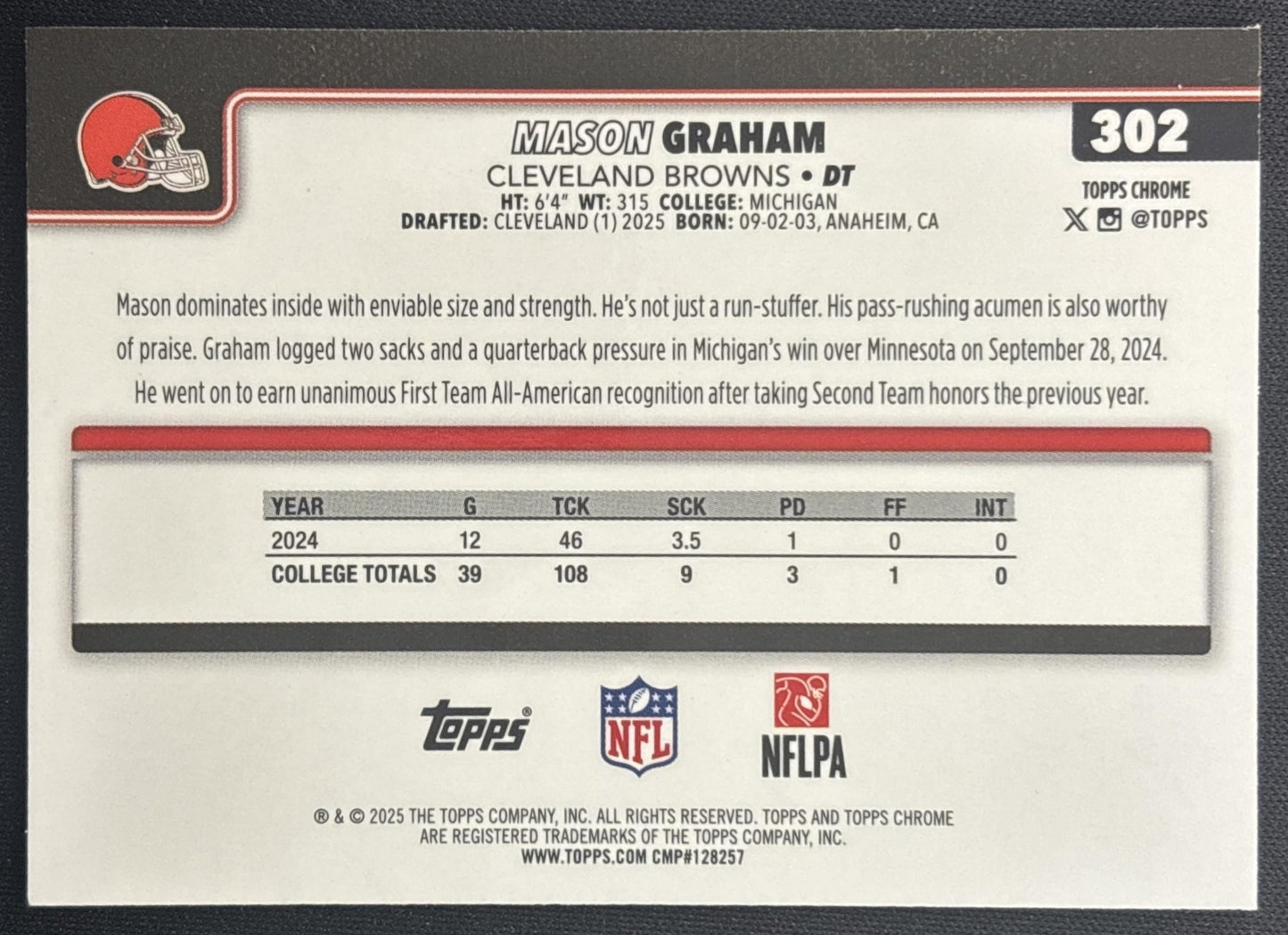 Mason Graham 2025 Topps Chrome Rookie Blue Geometric Refractor /150 Browns back