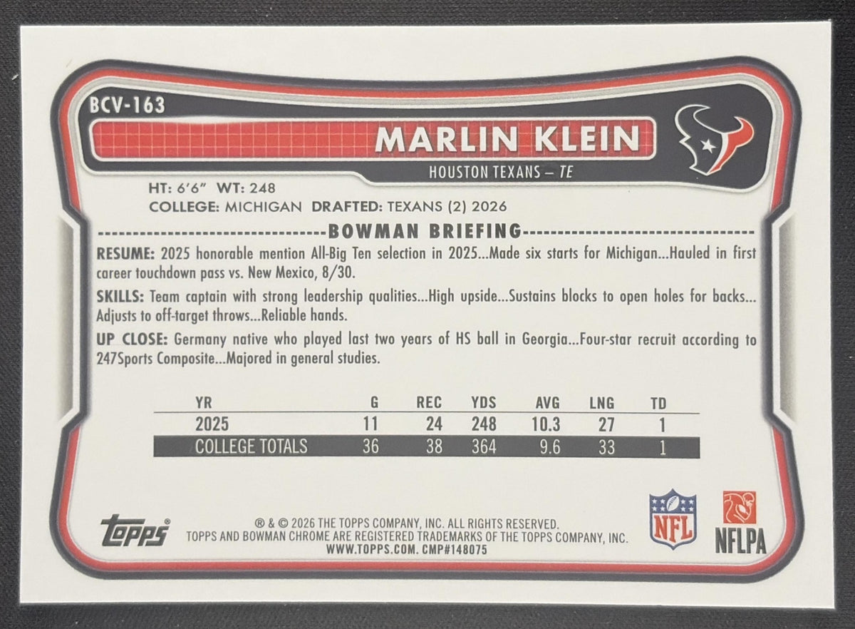 Marlin Klein 2026 Bowman Chrome NFL Mojo Refractor Texans