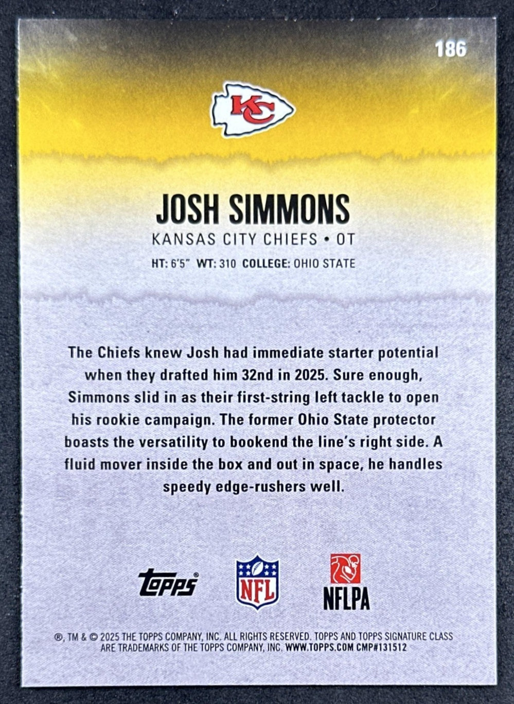 Josh Simmons 2025 Topps Signature Class Rookie Blue & Yellow Foil Chiefs