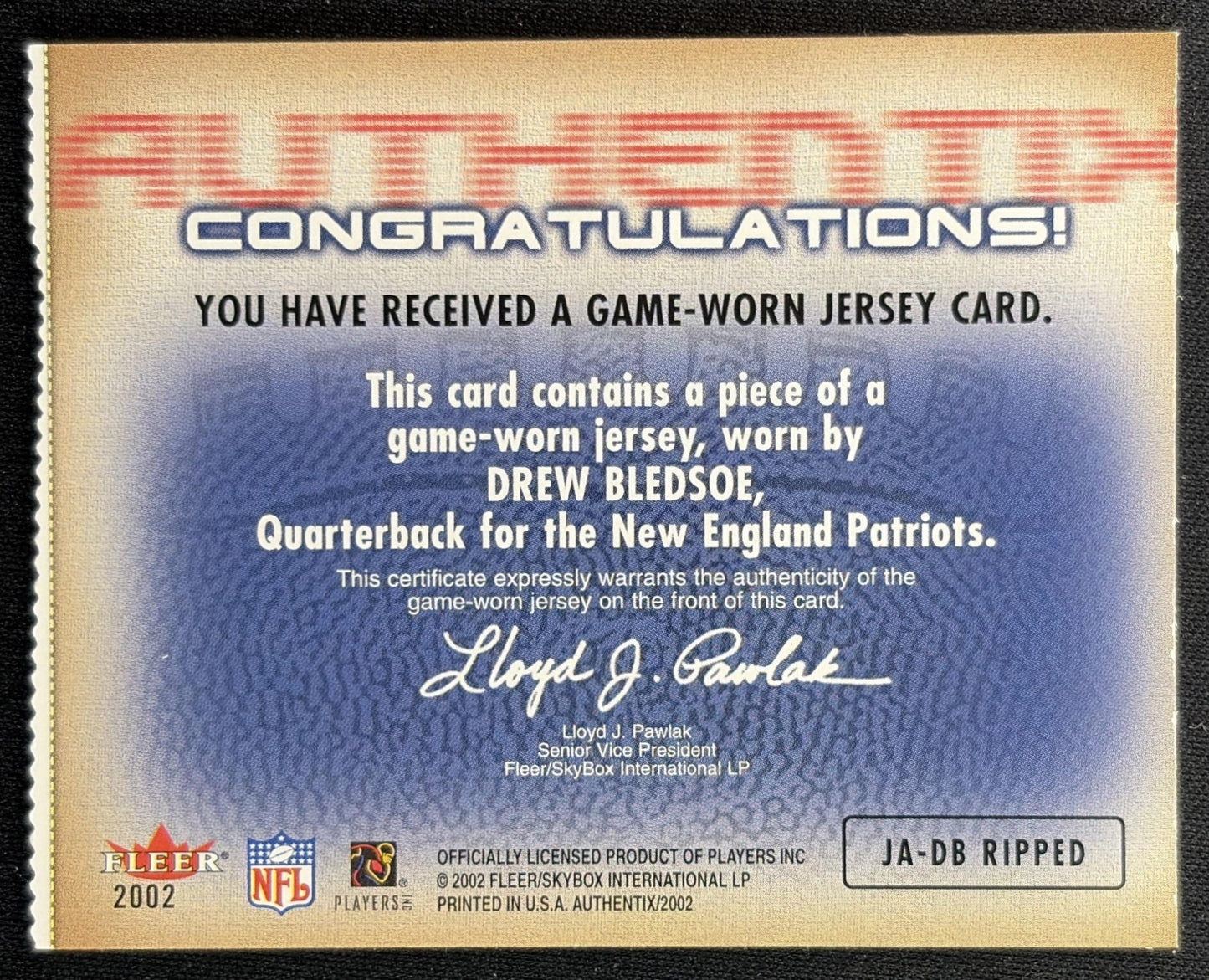 Drew Bledsoe Authentix Game-Worn Jersey Patriots Sports Trading Cards
