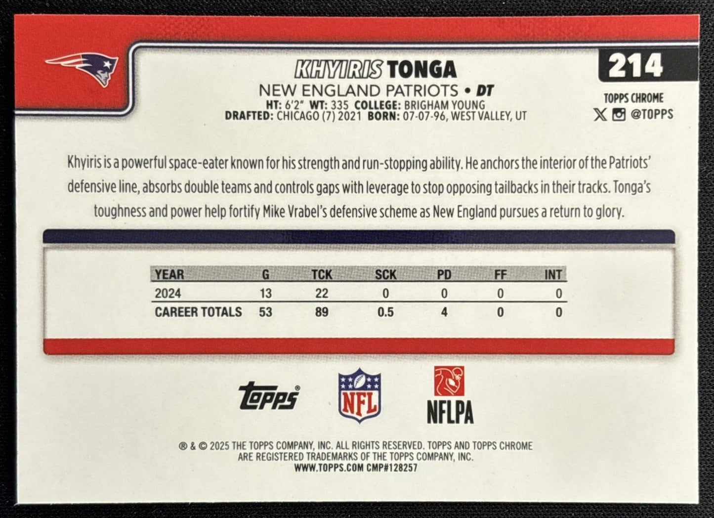 Khyiris Tonga 2025 Topps Chrome RayWave Refractor Patriots back