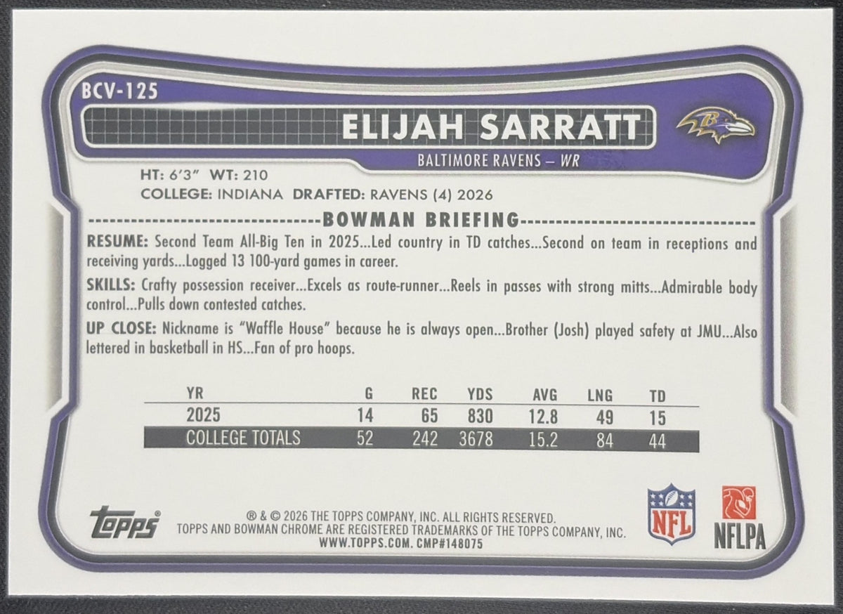 Elijah Sarratt 2026 Bowman Chrome NFL Mojo Refractor Ravens Baltimore Ravens Sports Trading Card