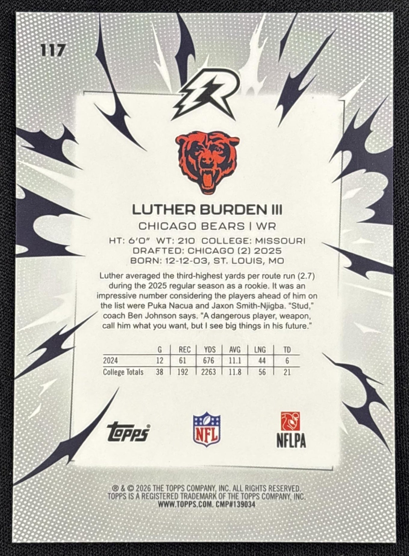 Luther Burden III 2025 Topps Resurgence Surge Refractor /425 Bears