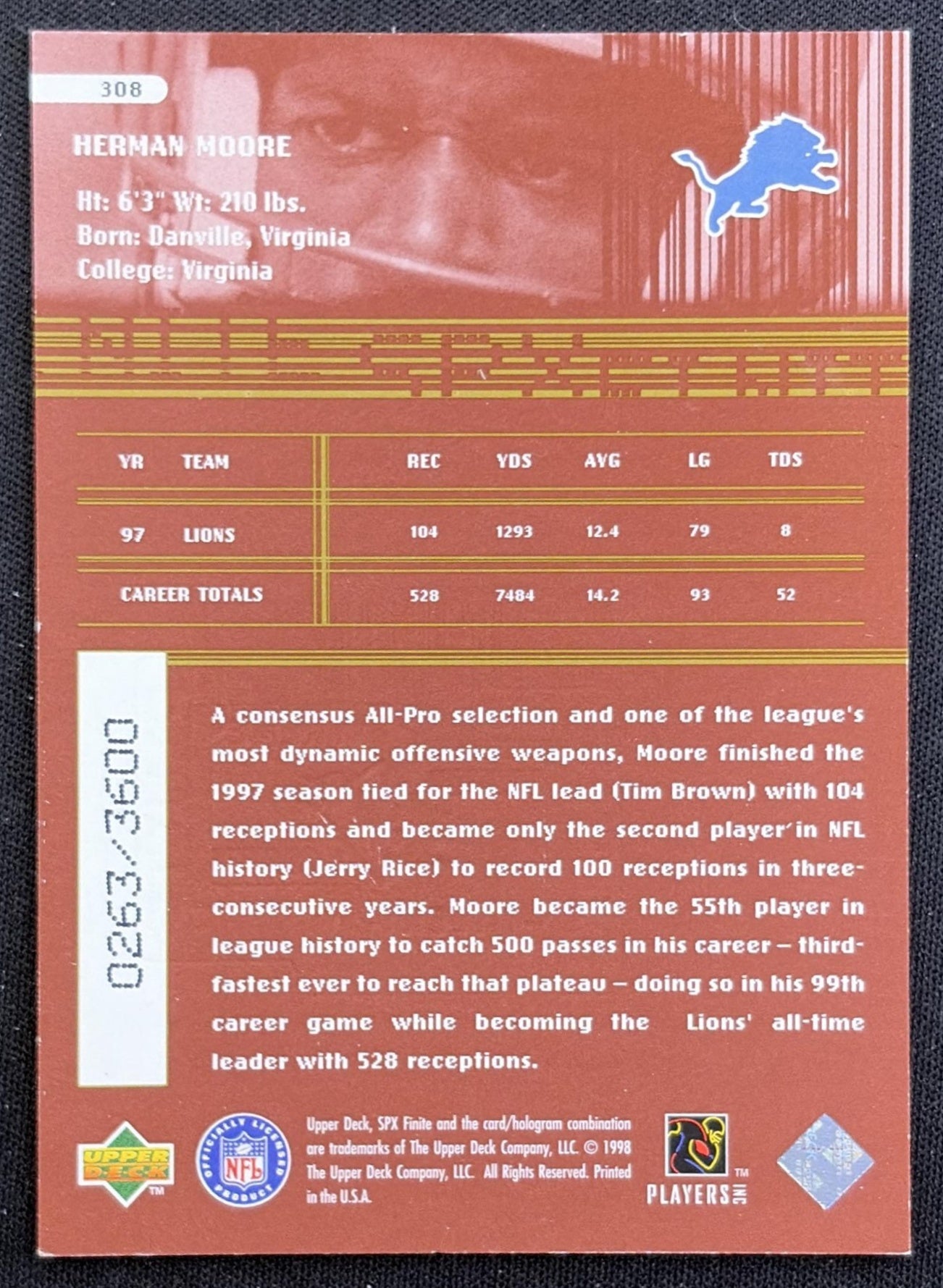 Herman Moore 1998 SPx Finite Radiance /3600 Lions