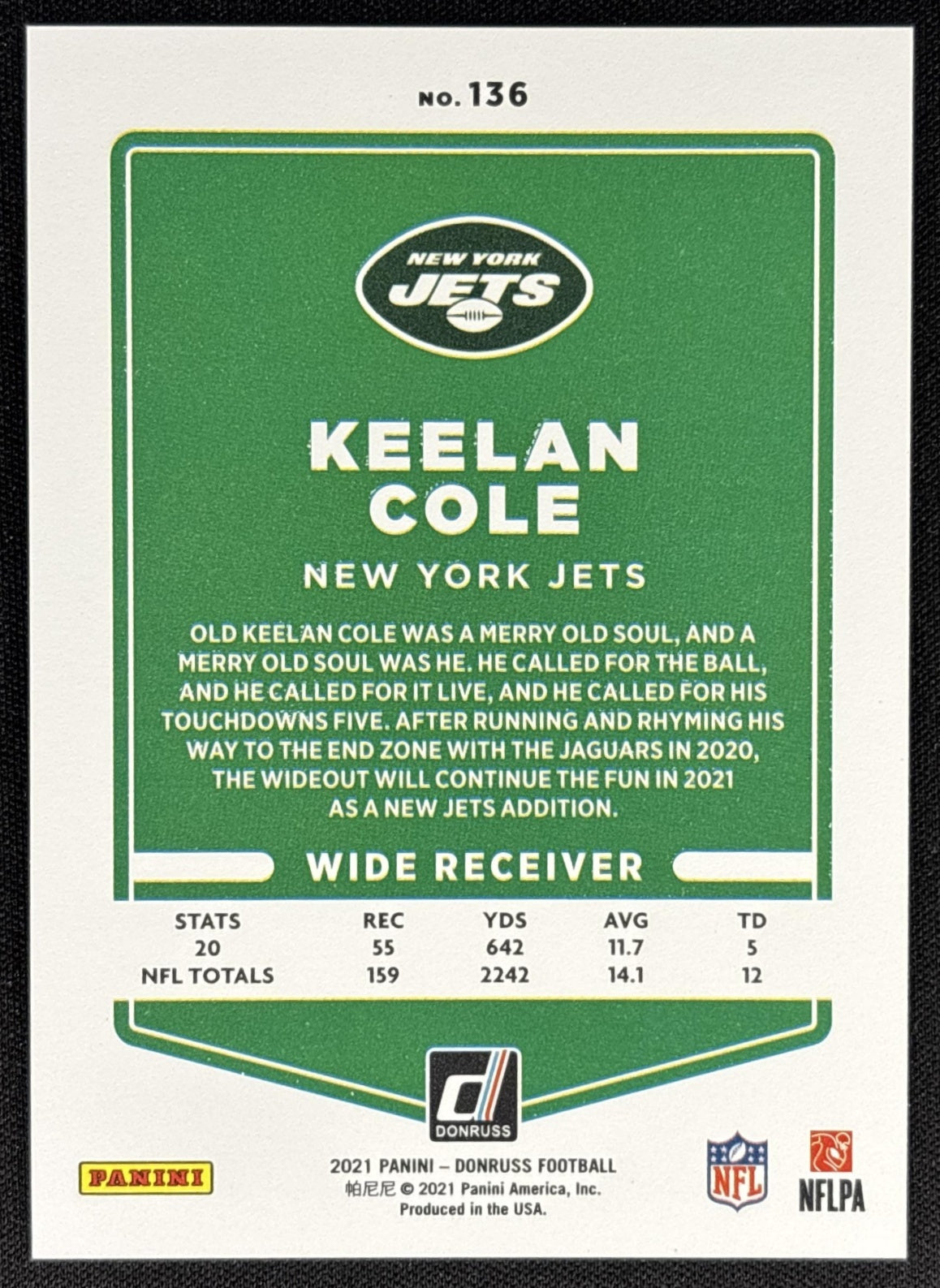Keelan Cole 2021 Panini Donruss Press Proof Premium Jets
