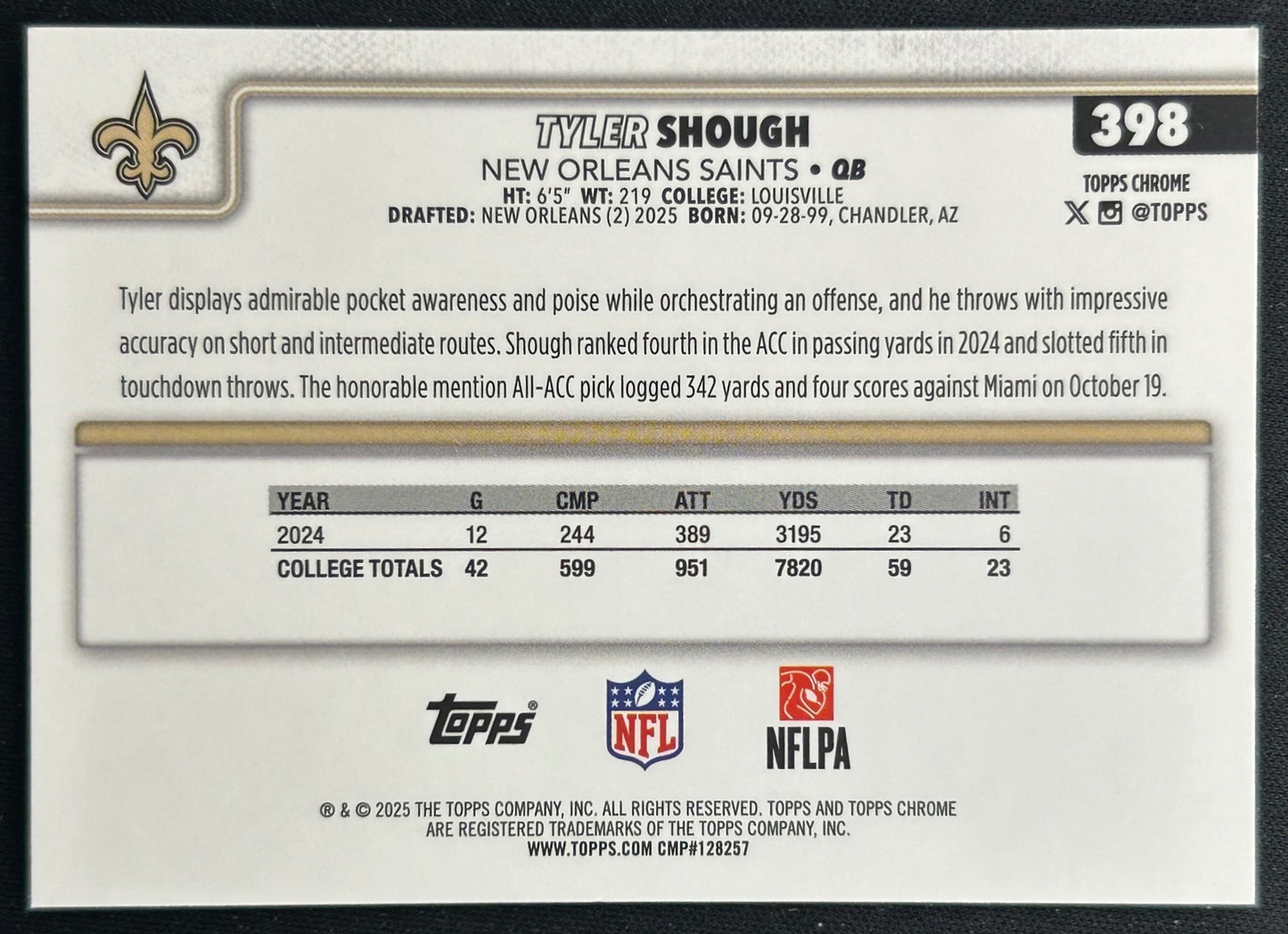 Tyler Shough 2025 Topps Chrome Rookie Saints Sports Trading Cards
