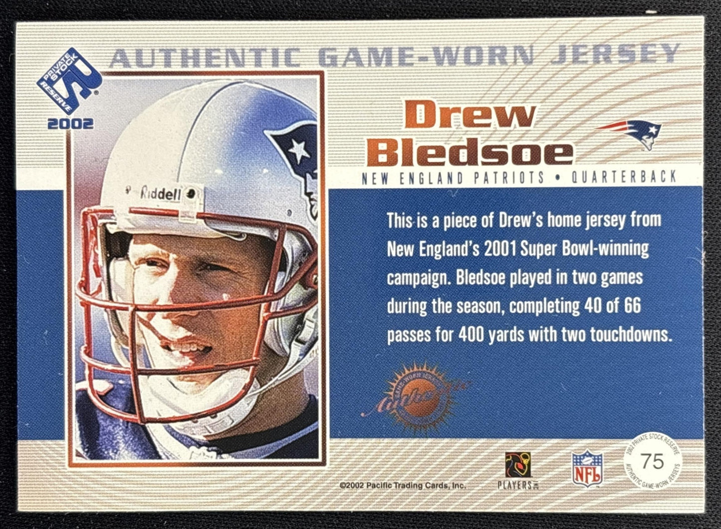 Drew Bledsoe 2002 Pacific Private Stock Reserve Game Worn Jerseys Patriots Back