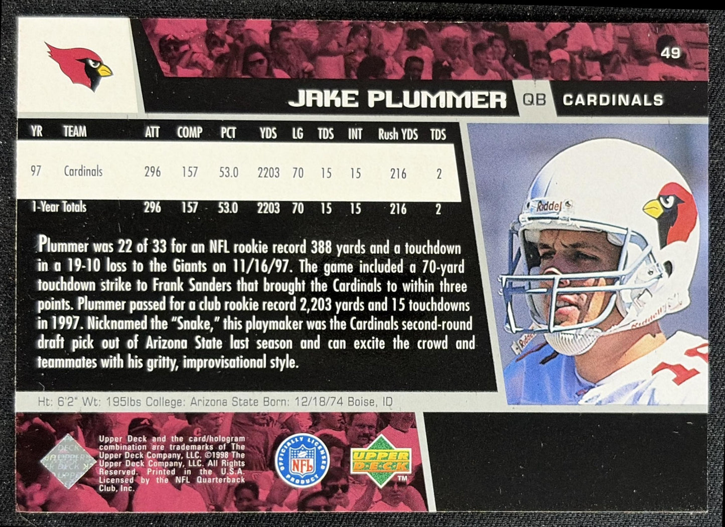 Jake Plummer 1998 Upper Deck Cardinals back
