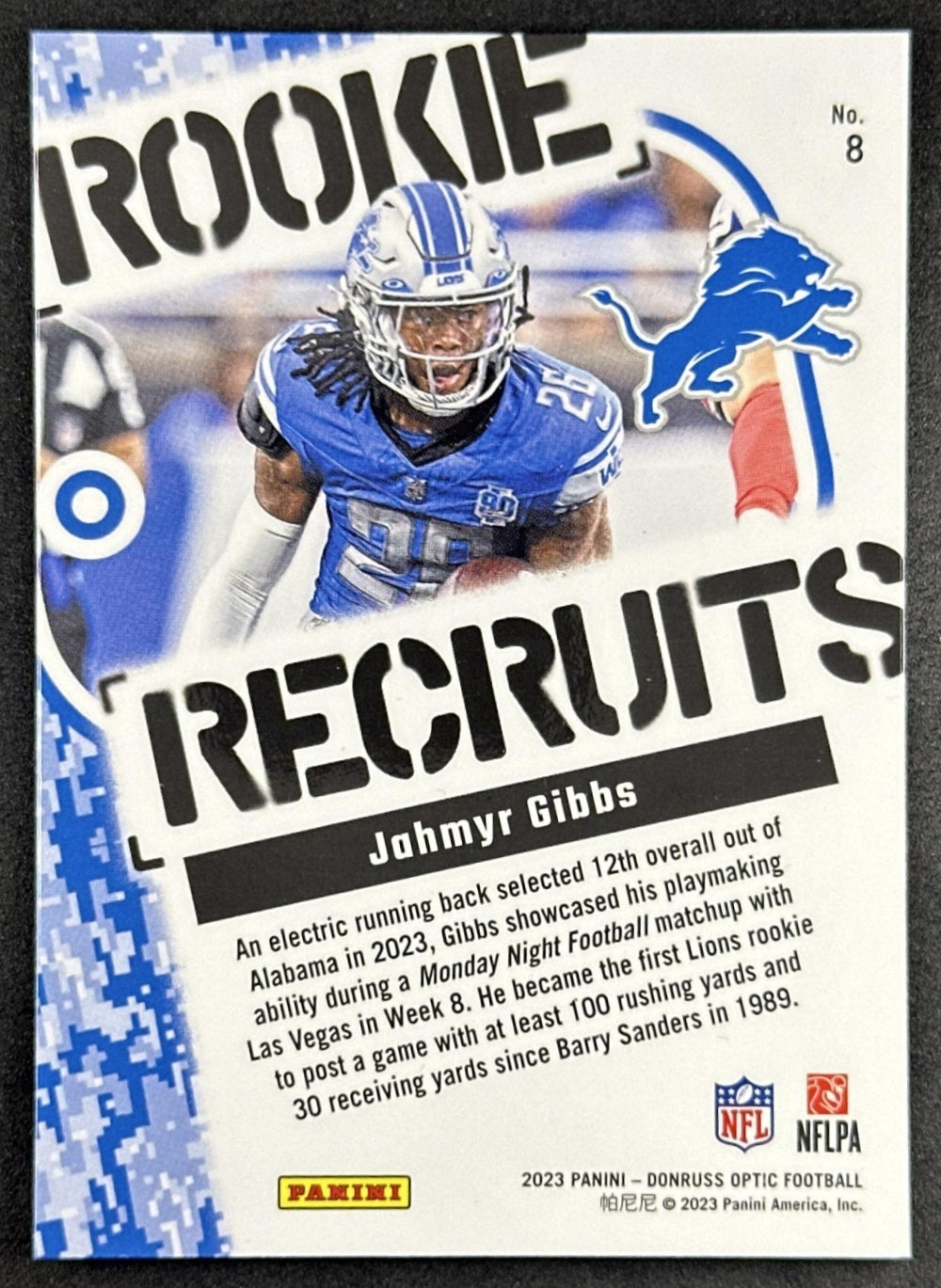 Jahmyr Gibbs 2023 Panini Donruss Optic Rookie Recruits Lions Sports Trading Card