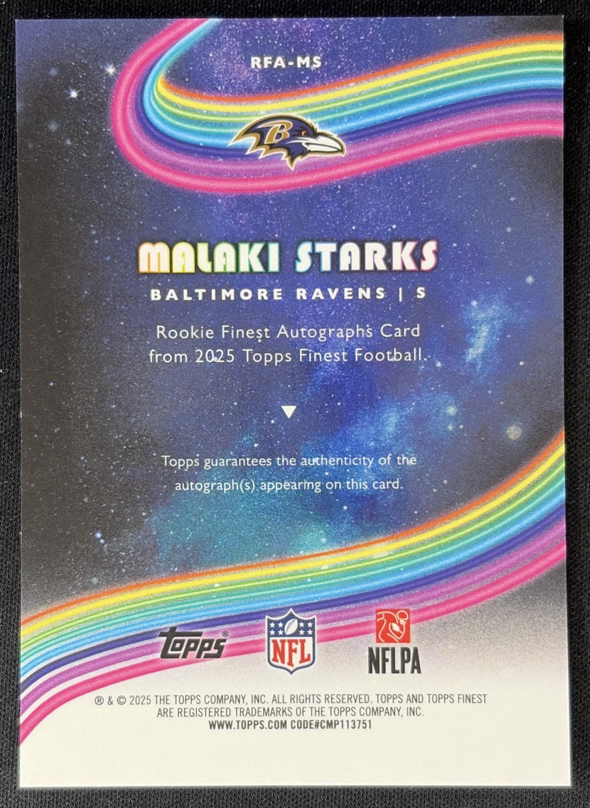 Malaki Starks 2025 Topps Finest Rookie Auto Ravens Football
