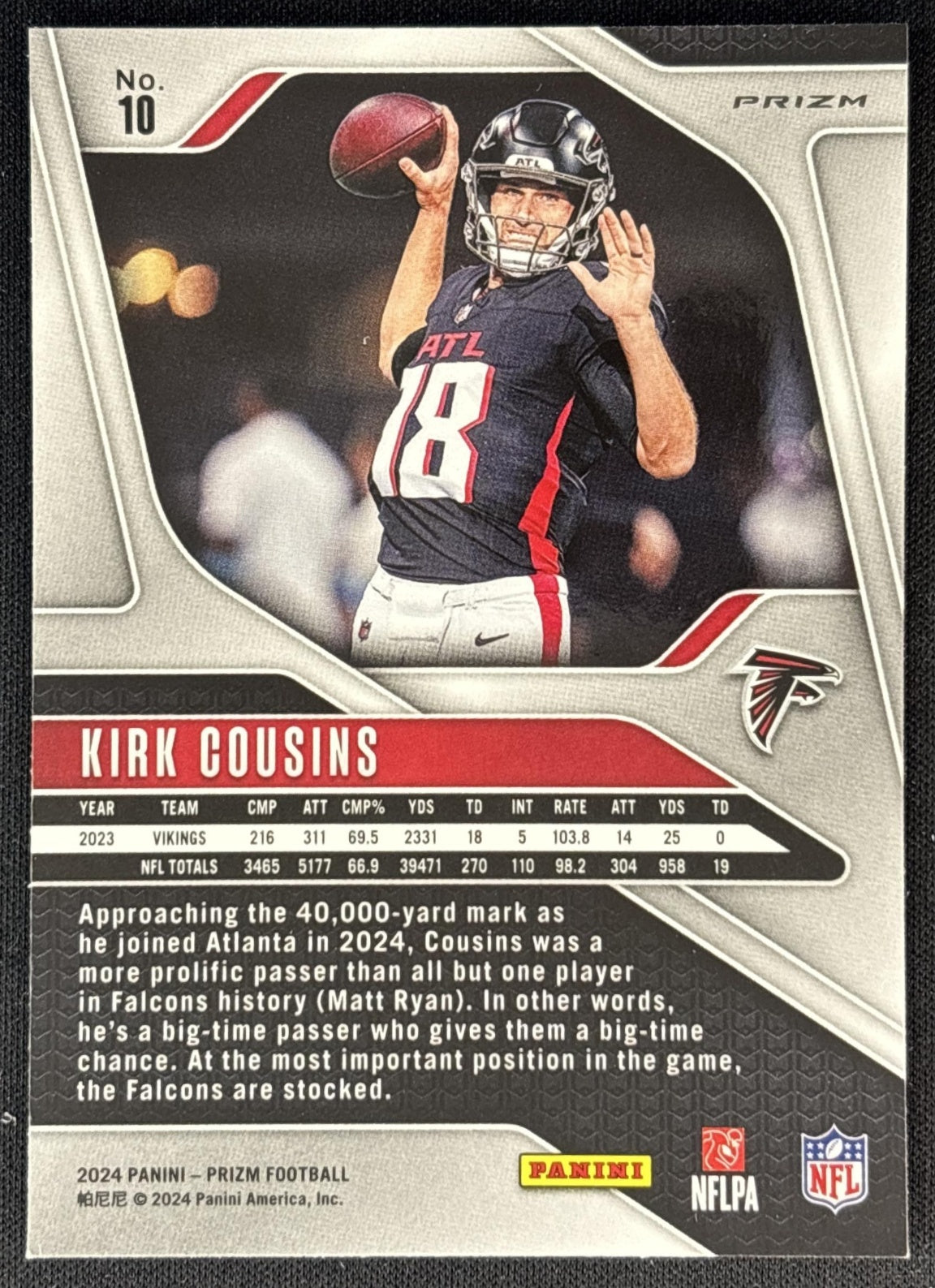 Kirk Cousins 2024 Panini Prizm Pink Wave Falcons back