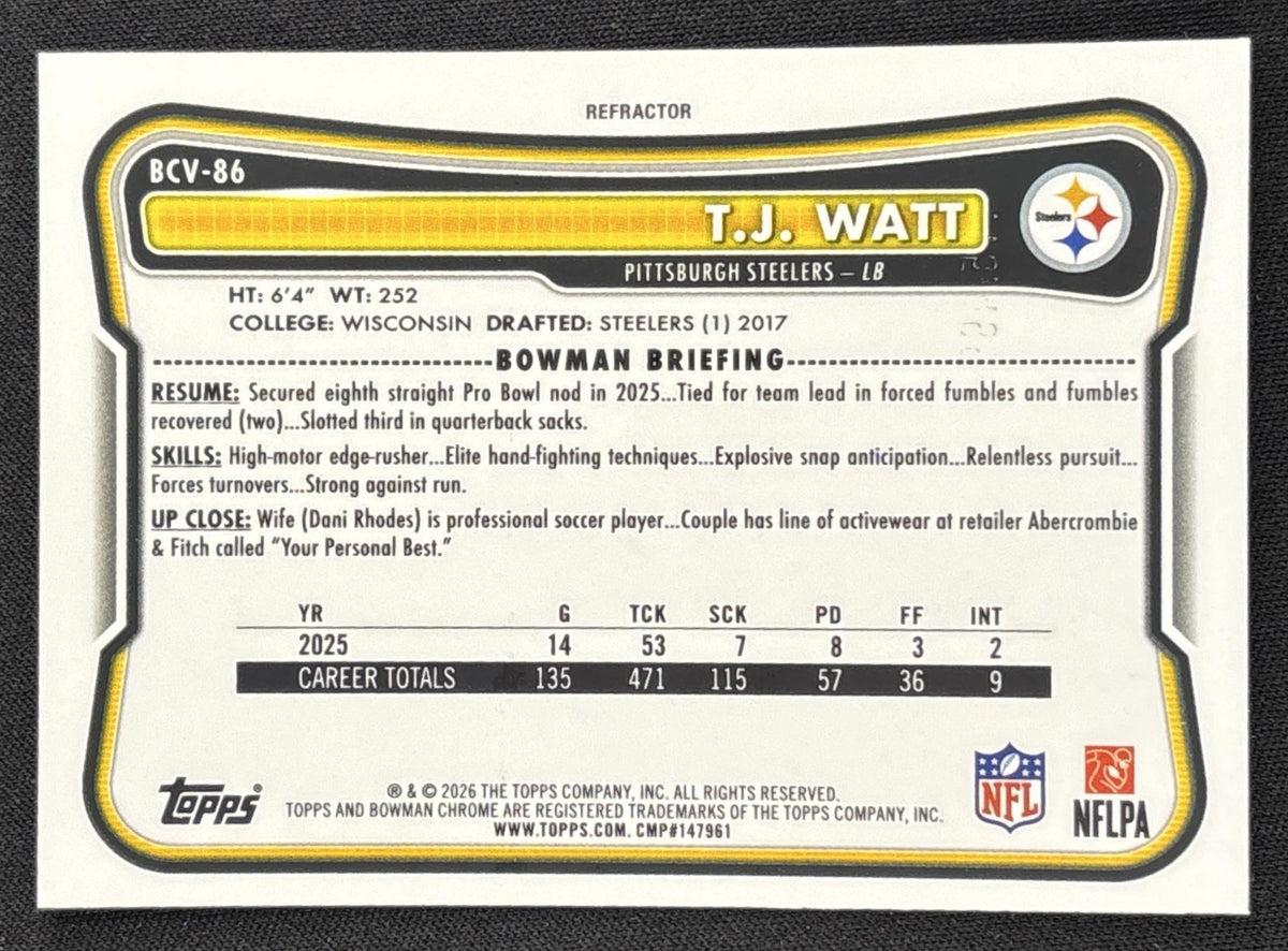 T.J. Watt 2026 Bowman Chrome NFL Refractor /499 Steelers Sports Trading Card