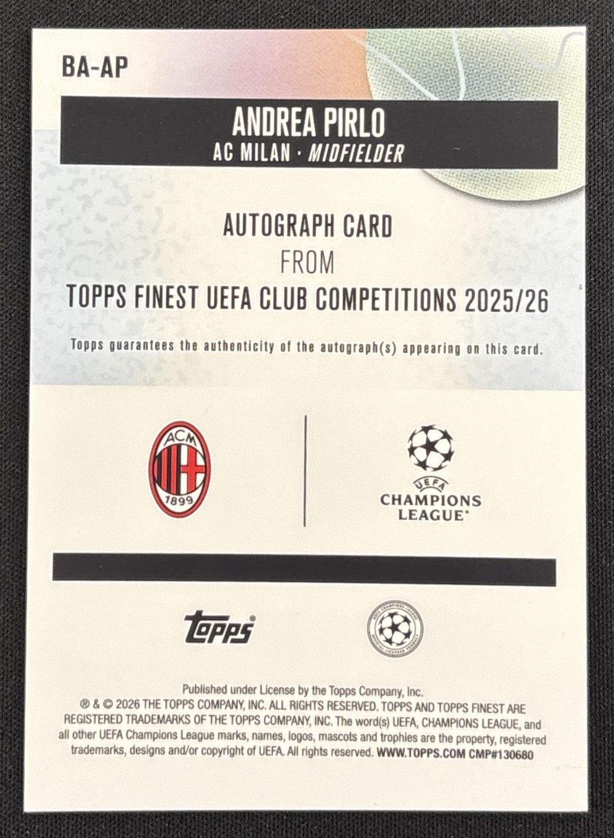 Andrea Pirlo 2025 Topps Finest UEFA Club Competition Auto Black Refractor /10 Milan