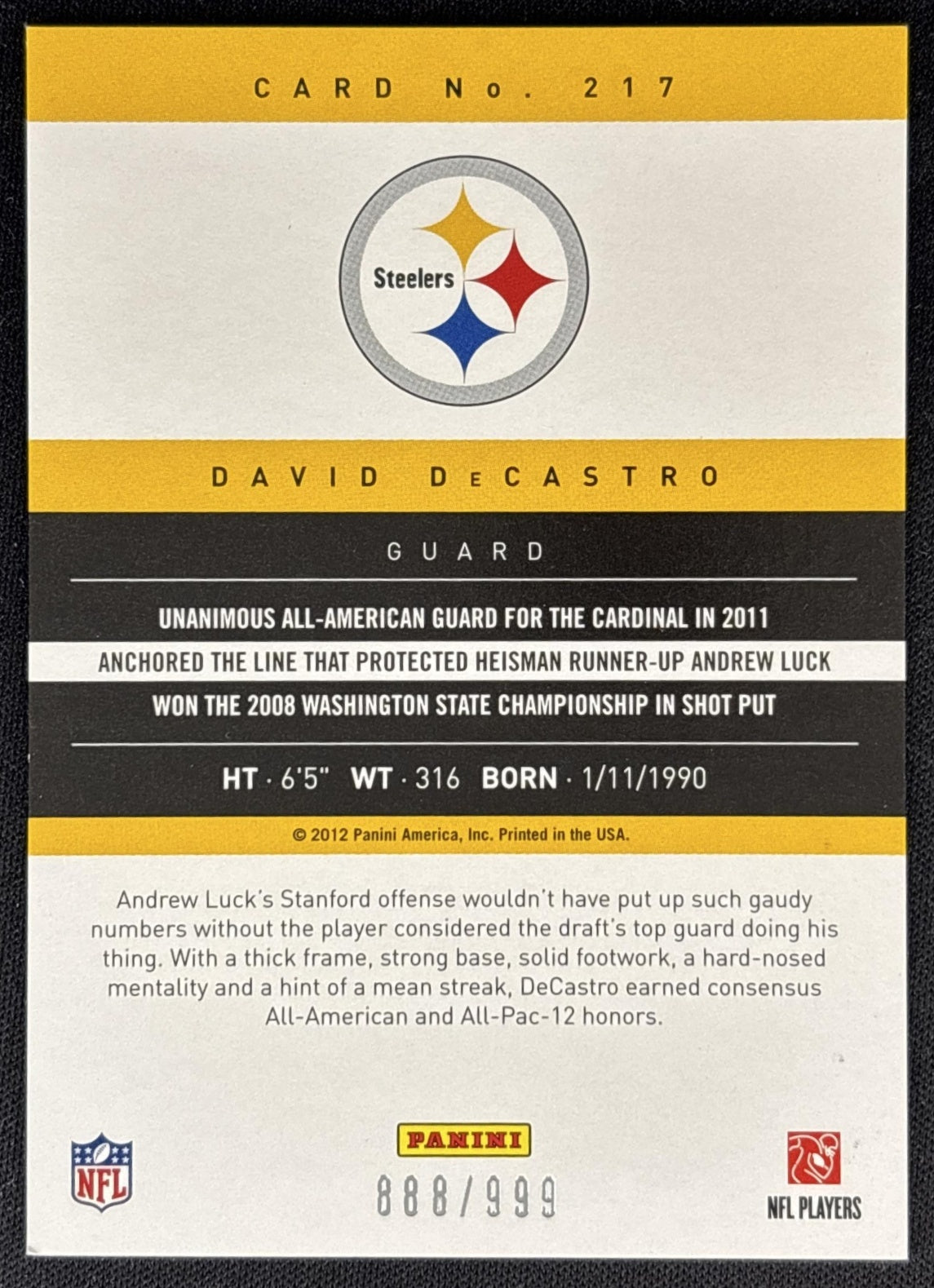 David DeCastro 2012 Panini Prestige Extra Points Blue /999 Steelers back