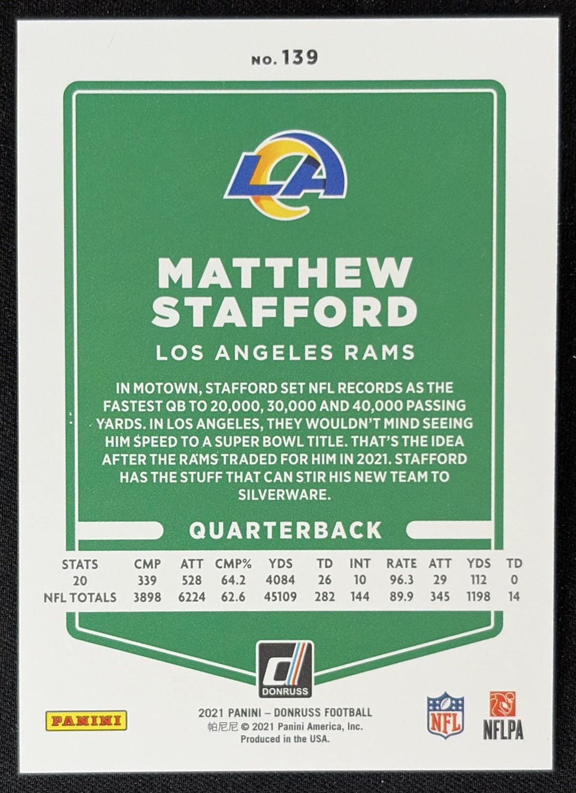 Matthew Stafford 2021 Panini Donruss Press Proof Premium Rams - Los Angeles Rams