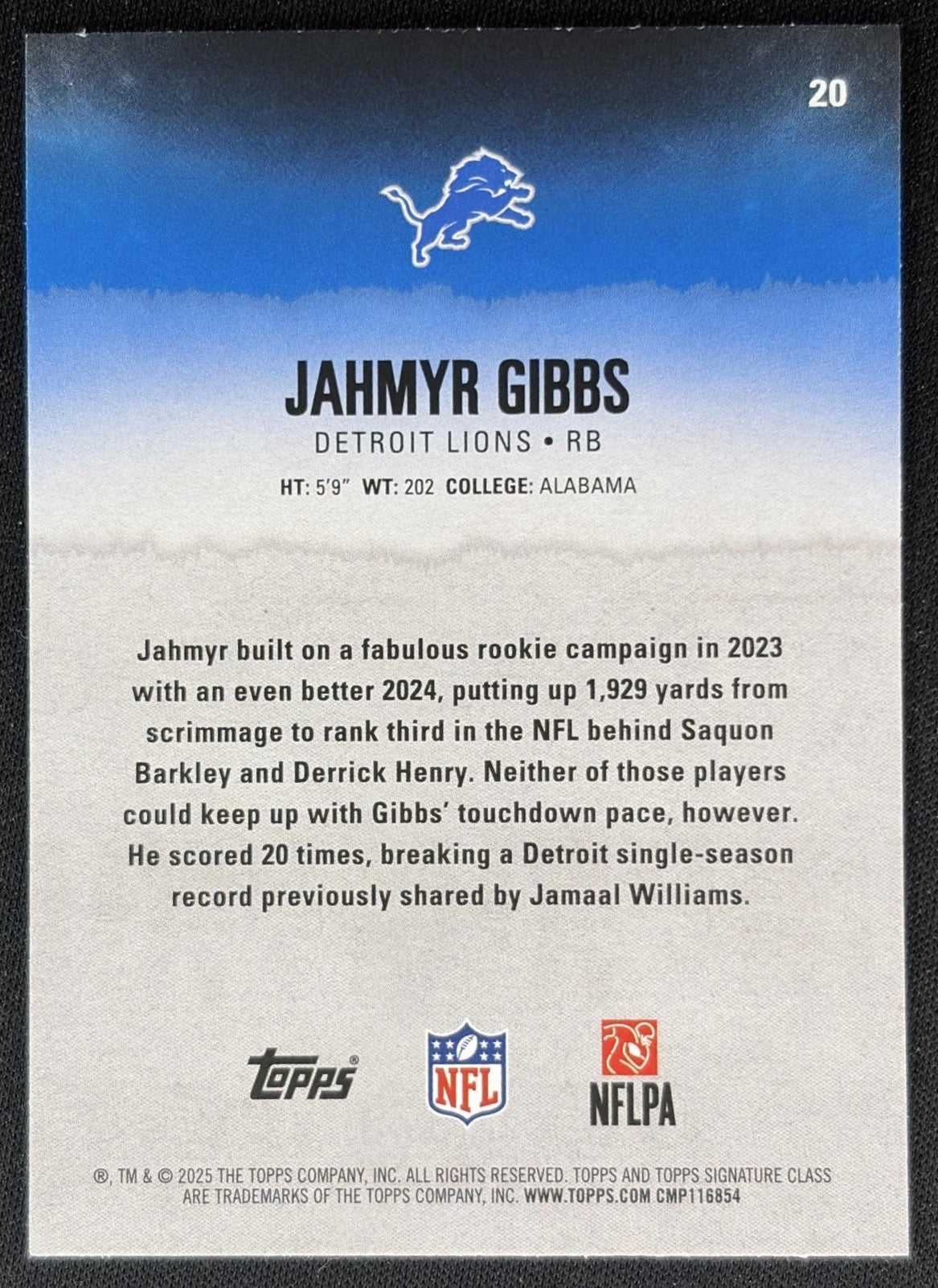 Jahmyr Gibbs 2025 Topps Signature Class Veteran Blue & Yellow Foil Lions back